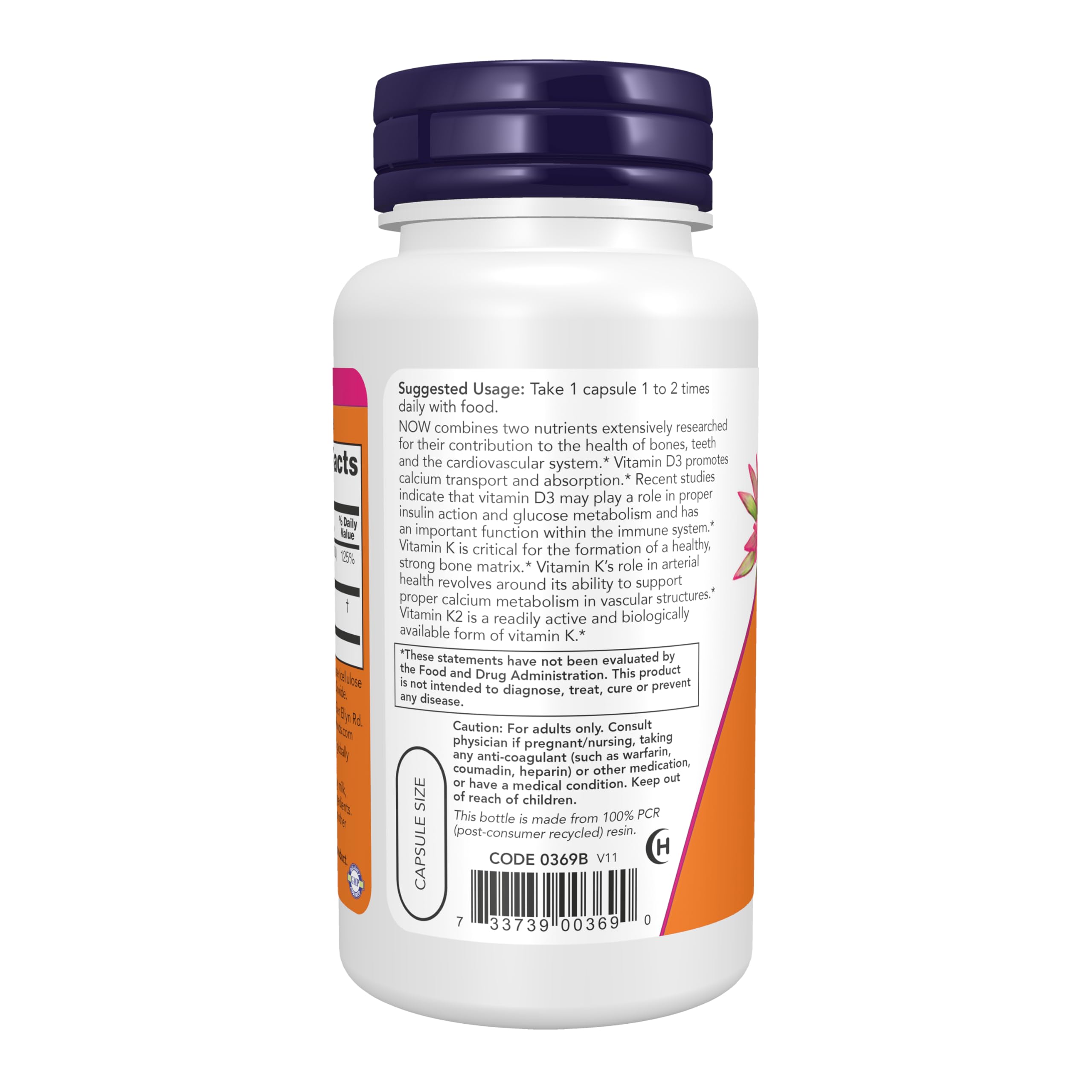 NOW Foods Vitamin D-3 & K-2 120 Veg Capsules close-up highlights easy-to-swallow capsules for daily wellness