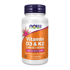 NOW Foods Vitamin D-3 & K-2 bottle with capsules for bone and cardiovascular support.