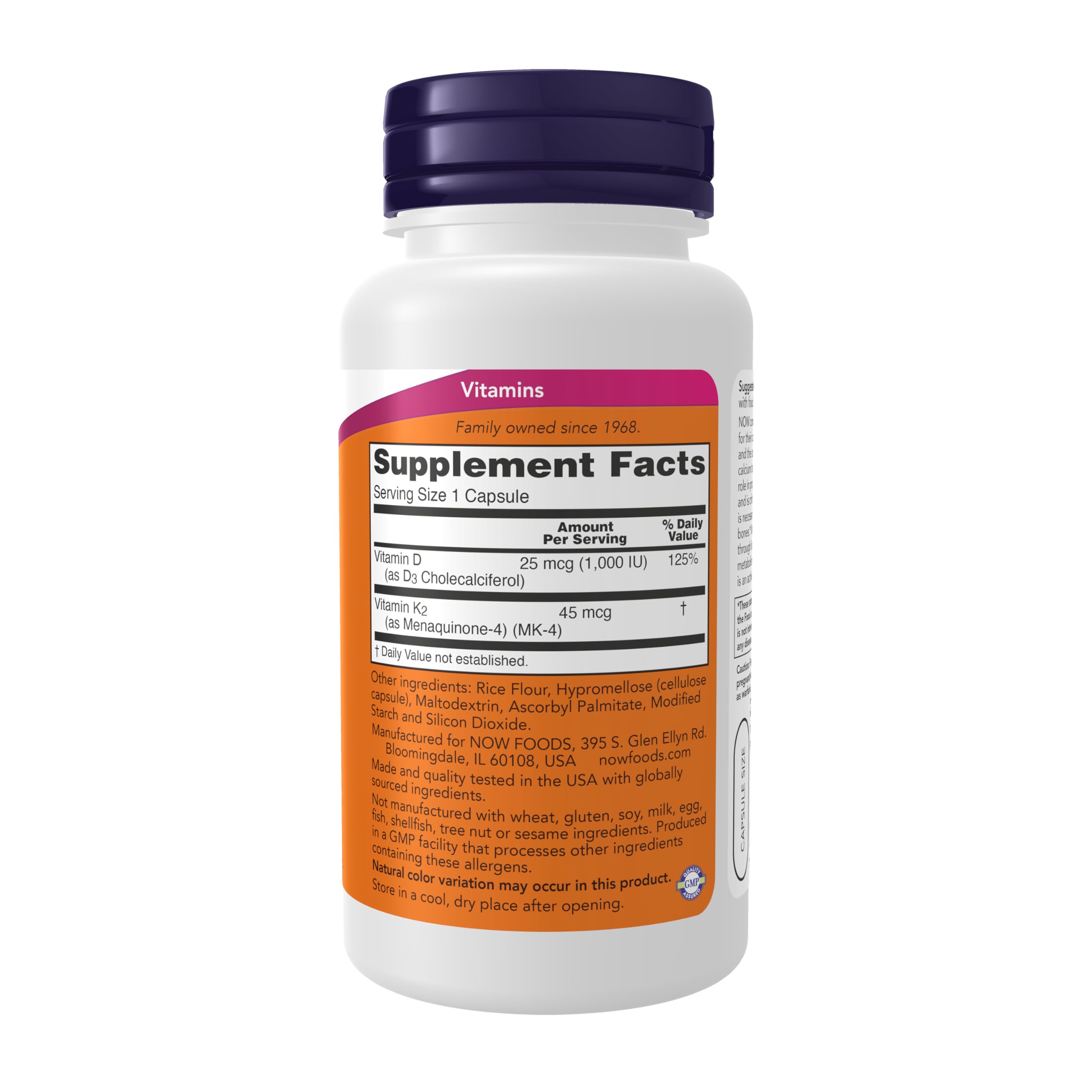 NOW Foods Vitamin D-3 & K-2 capsules ready for daily supplementation.
