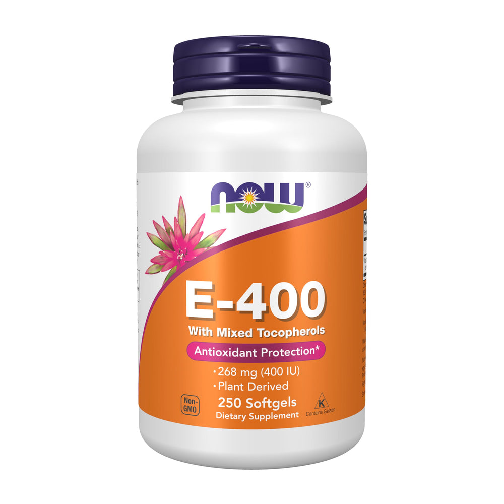NOW Foods Vitamin E-400 IU bottle for daily antioxidant support and immune function.
