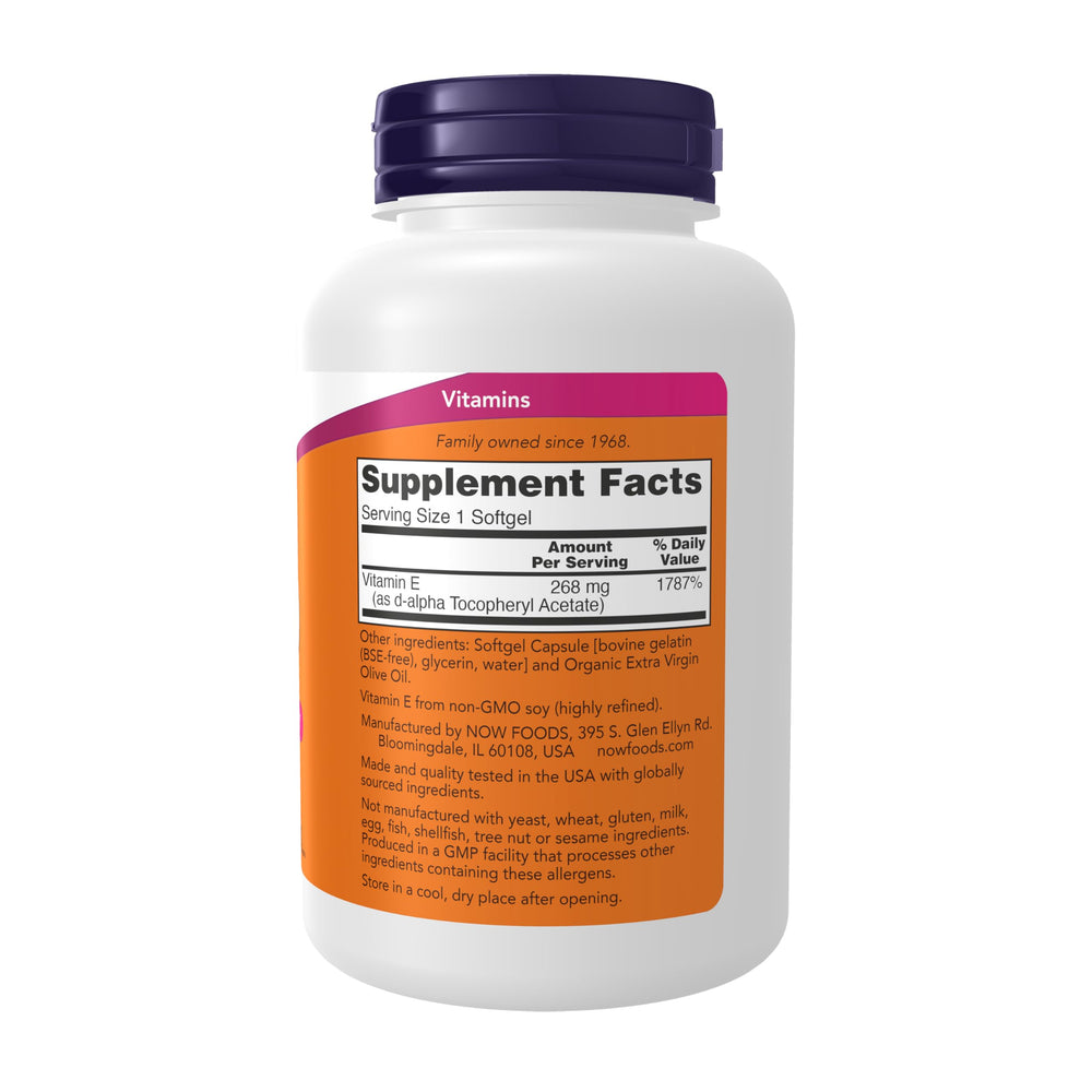 NOW Foods Vitamin E softgels close-up, easy-to-swallow capsules for daily support