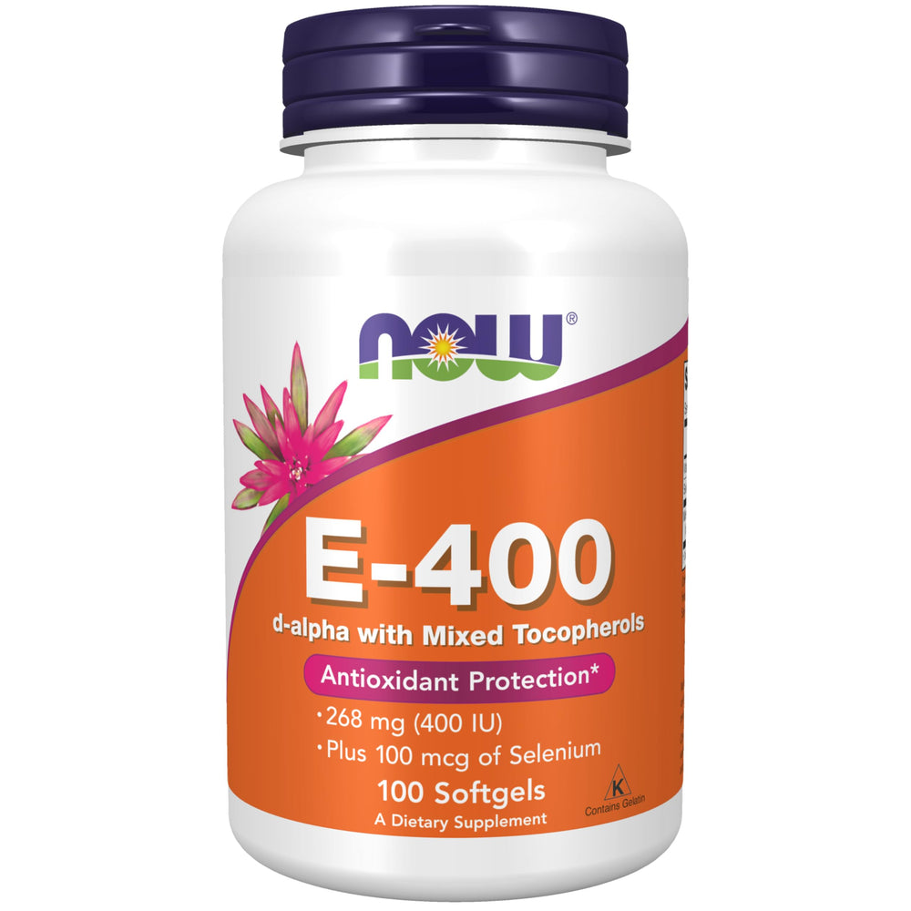 NOW Foods Vitamin E-400 IU softgels close-up on bottle for daily antioxidant support.