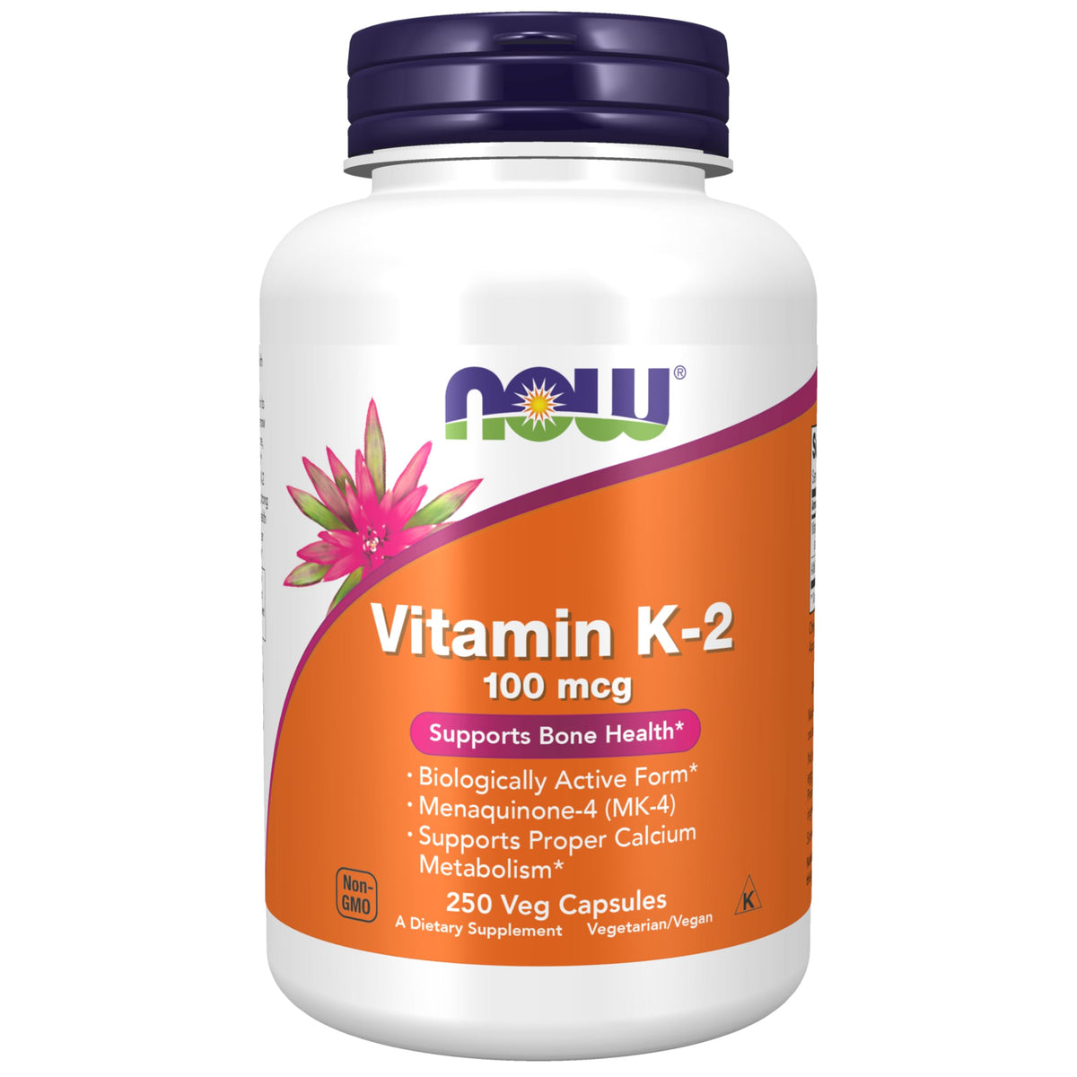 NOW Foods Vitamin K-2 MK-4 bottle closeup highlighting label and potency