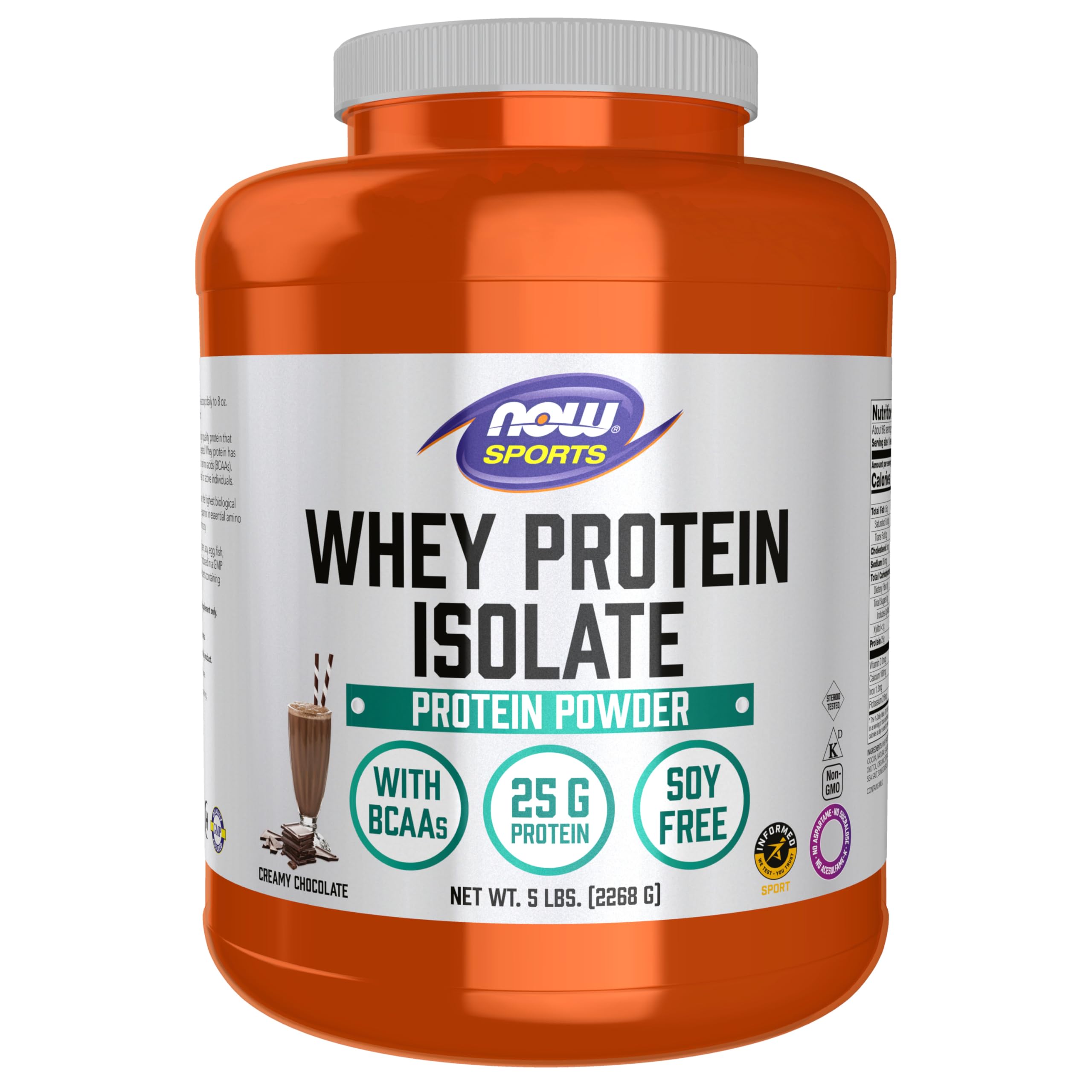 NOW Foods Whey Protein Isolate Creamy Chocolate powder front view for post-workout recovery.