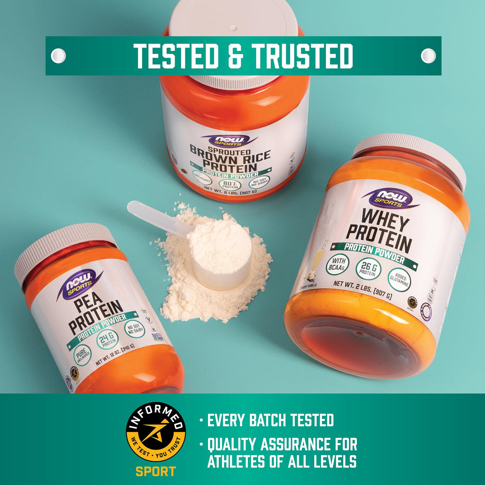 NOW Foods Whey Protein Isolate GMP certification badge ensures quality.