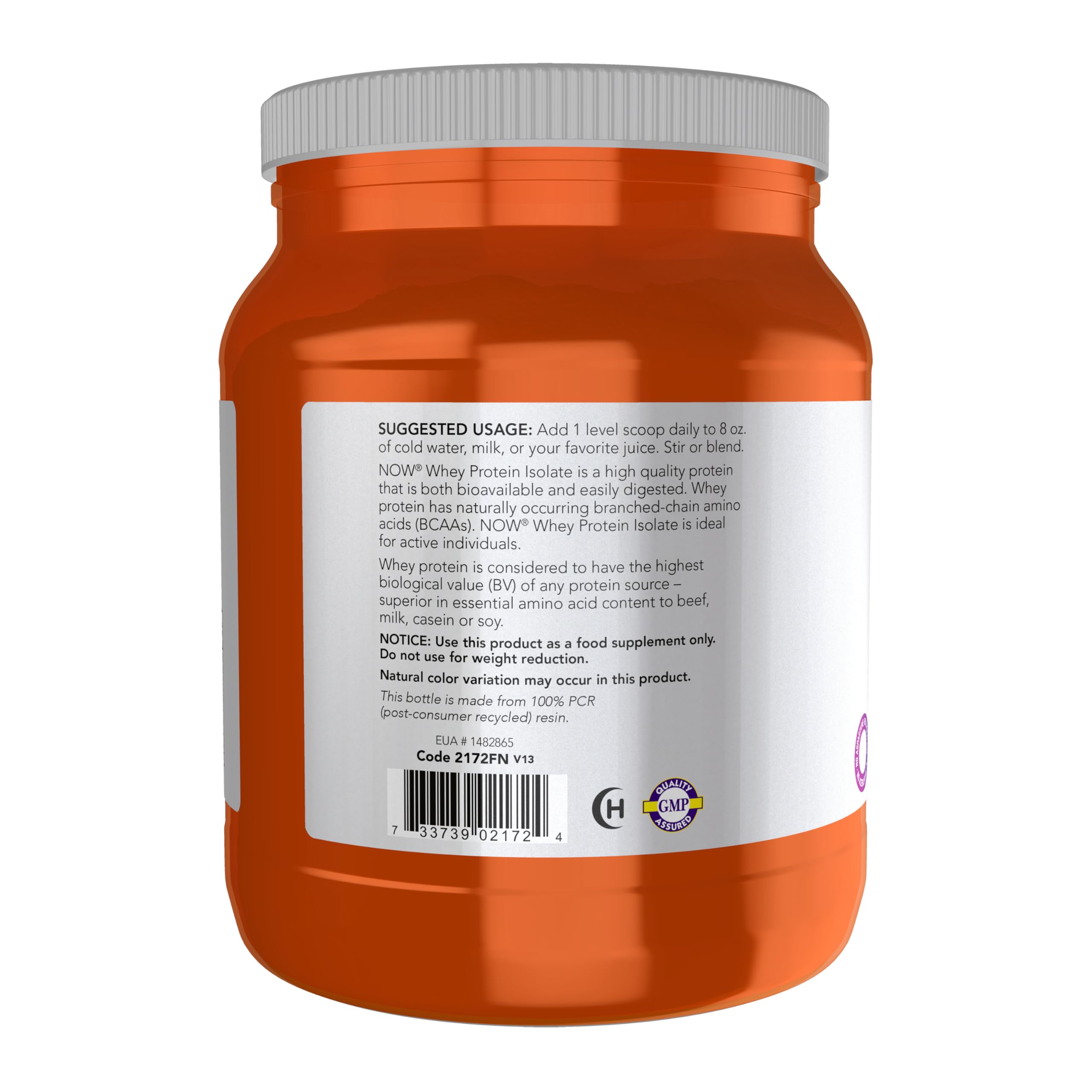 NOW Foods Whey Protein Isolate label highlights BCAAs for muscle-friendly amino acids.