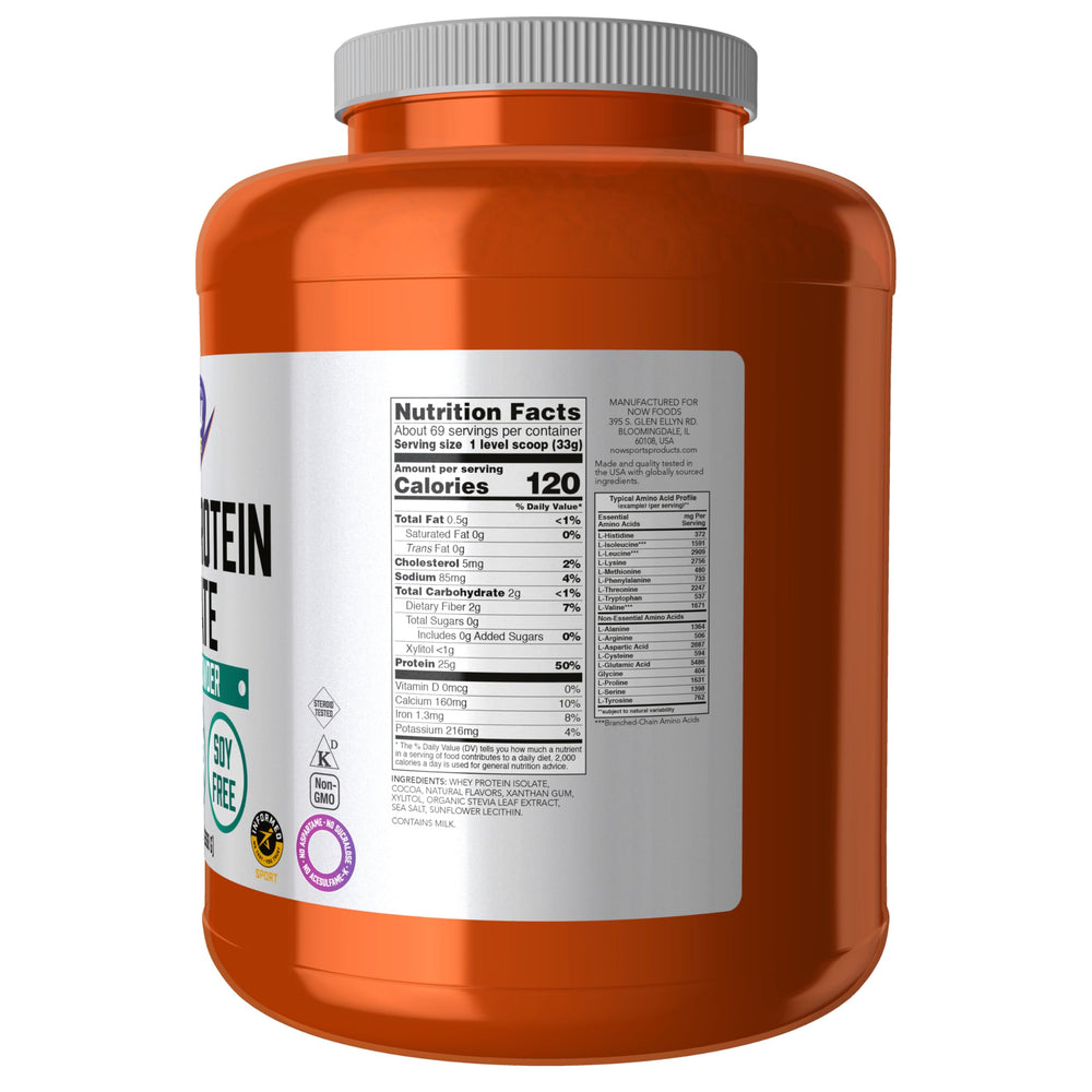 NOW Foods Whey Protein Isolate scoop dispensing for convenient protein boost.