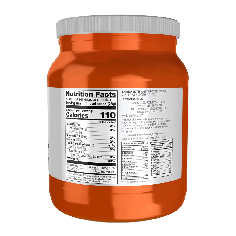 NOW Foods Whey Protein Isolate with scoop on the counter for quick protein boosts.