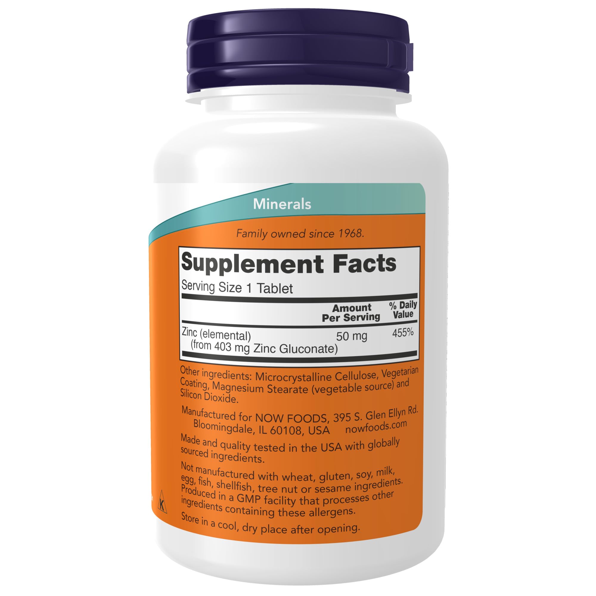 NOW Foods Zinc 50 mg tablets close-up highlighting zinc gluconate for daily use.