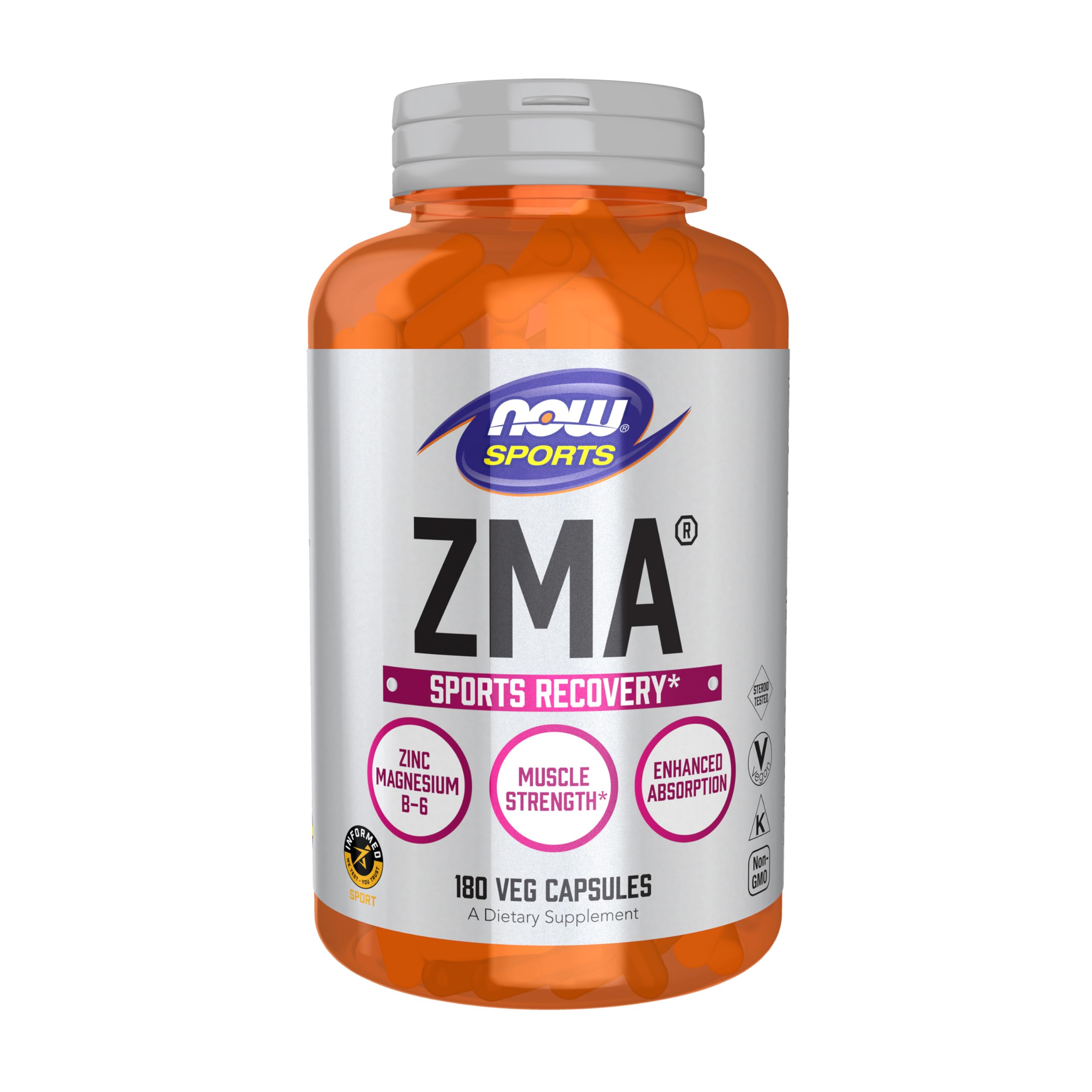 NOW Foods ZMA bottle label shows branding and supplement details.