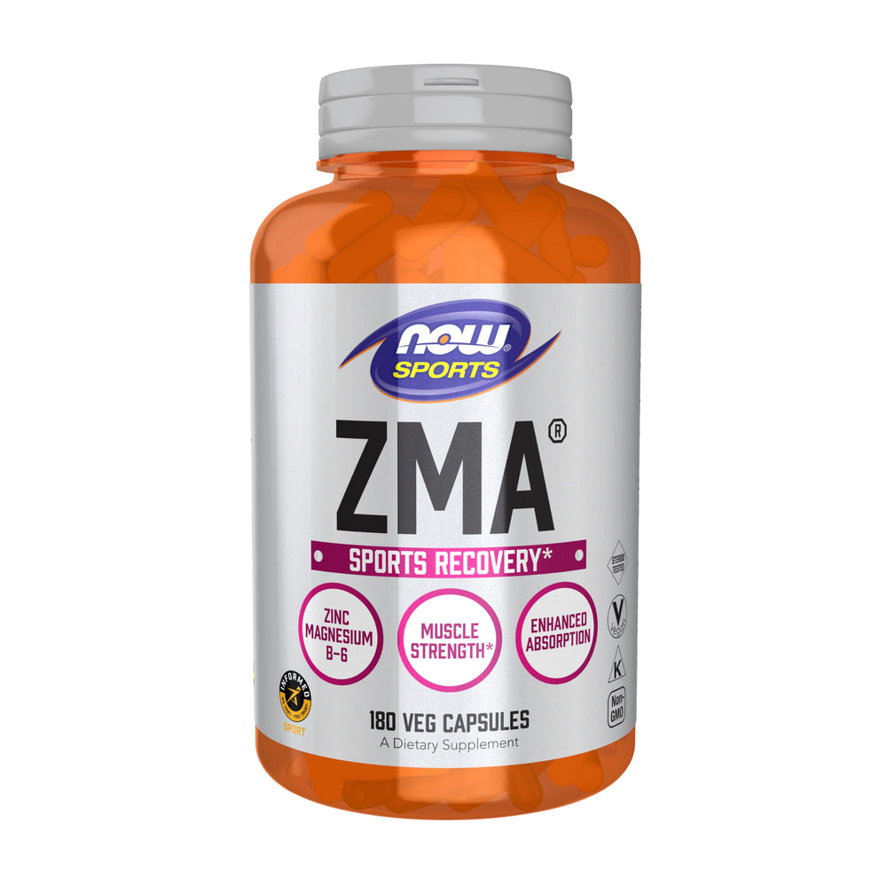 NOW Foods ZMA bottle label shows branding and supplement details.