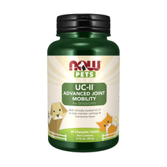 NOW Pets UC-II Advanced Joint Mobility bottle showing chew tablets for daily exercise comfort.