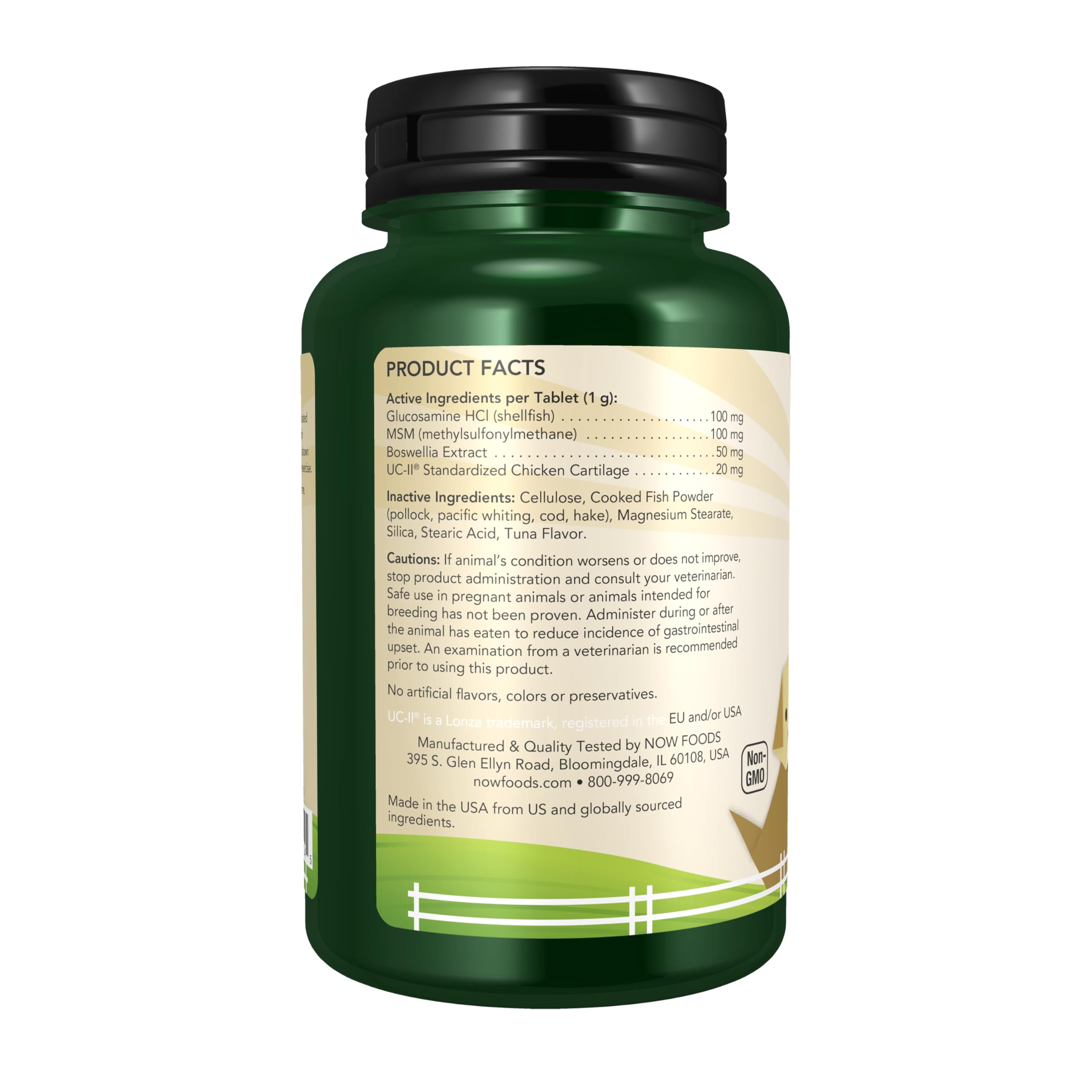 NOW Pets UC-II Advanced Joint Mobility label highlights clinically studied collagen for joint tissue support.