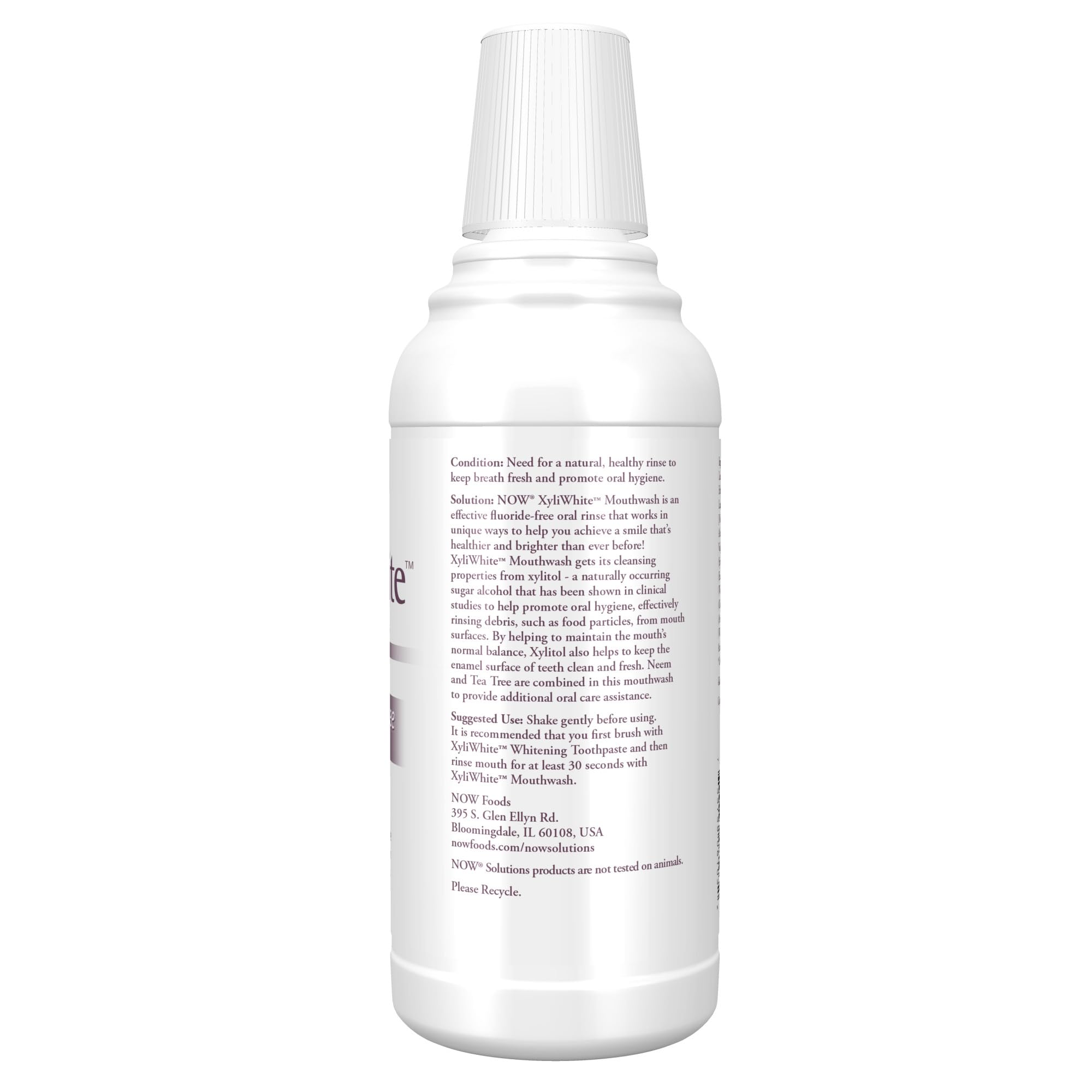 NOW Foods XyliWhite Mouthwash bottle back label lists ingredients and fluoride-free cleansing