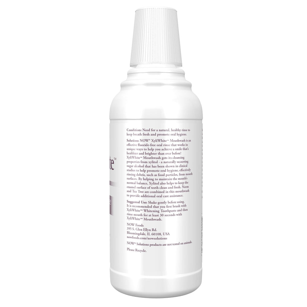 NOW Foods XyliWhite Mouthwash bottle back label lists ingredients and fluoride-free cleansing