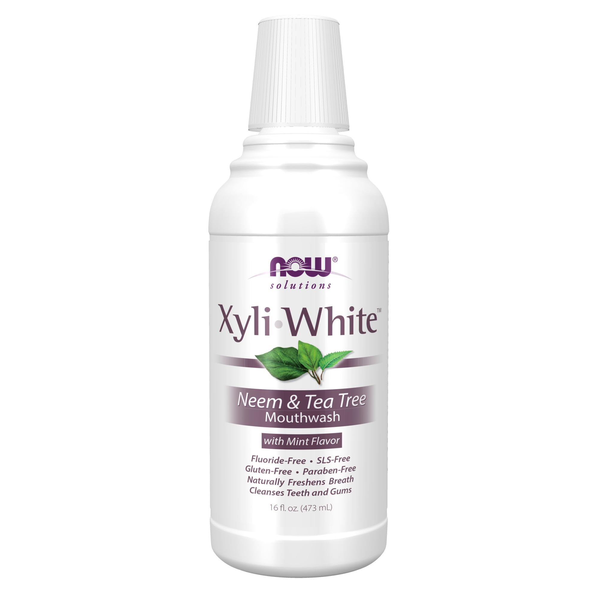 NOW Foods XyliWhite Mouthwash bottle front shows neem and tea tree formula for fresh breath