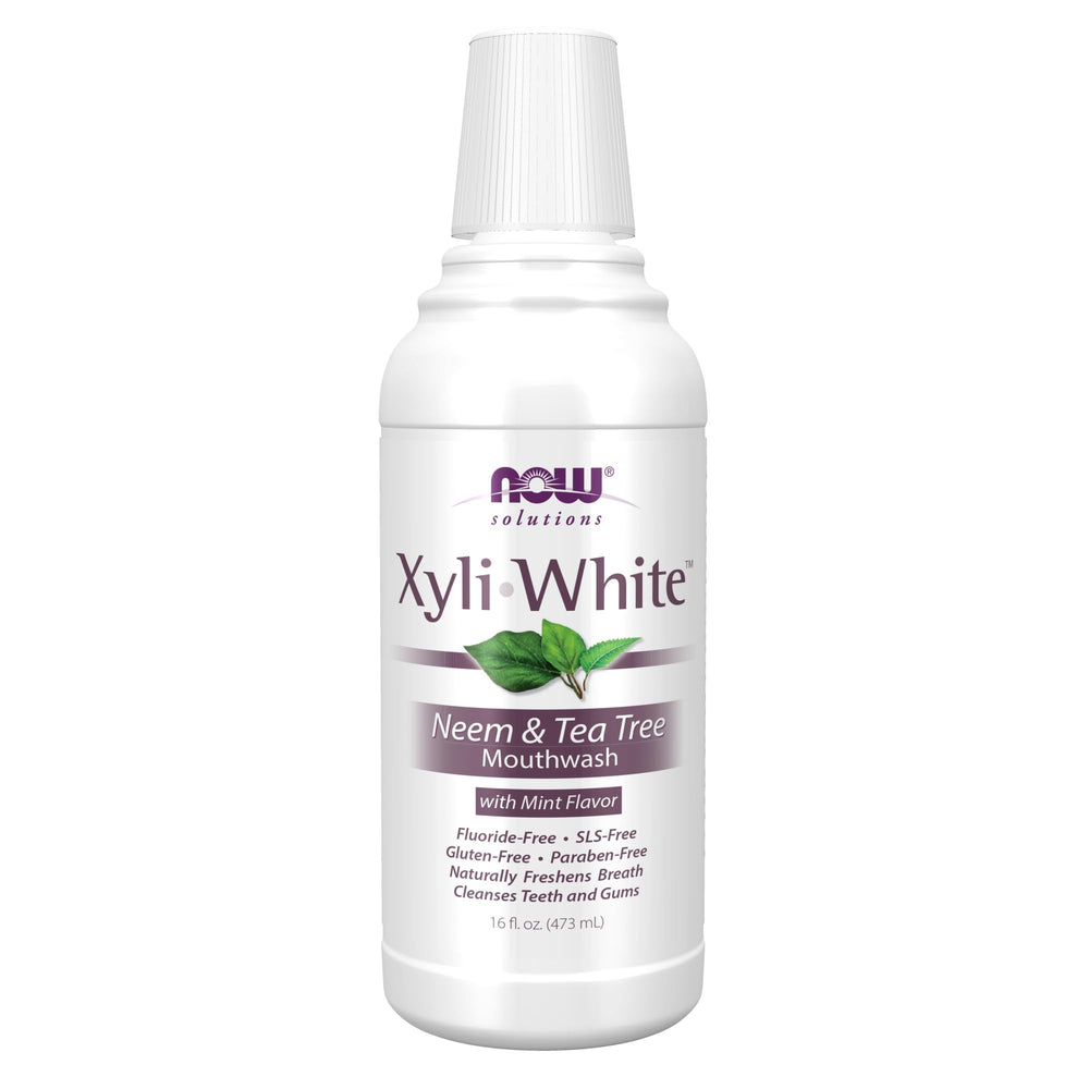 NOW Foods XyliWhite Mouthwash bottle front shows neem and tea tree formula for fresh breath