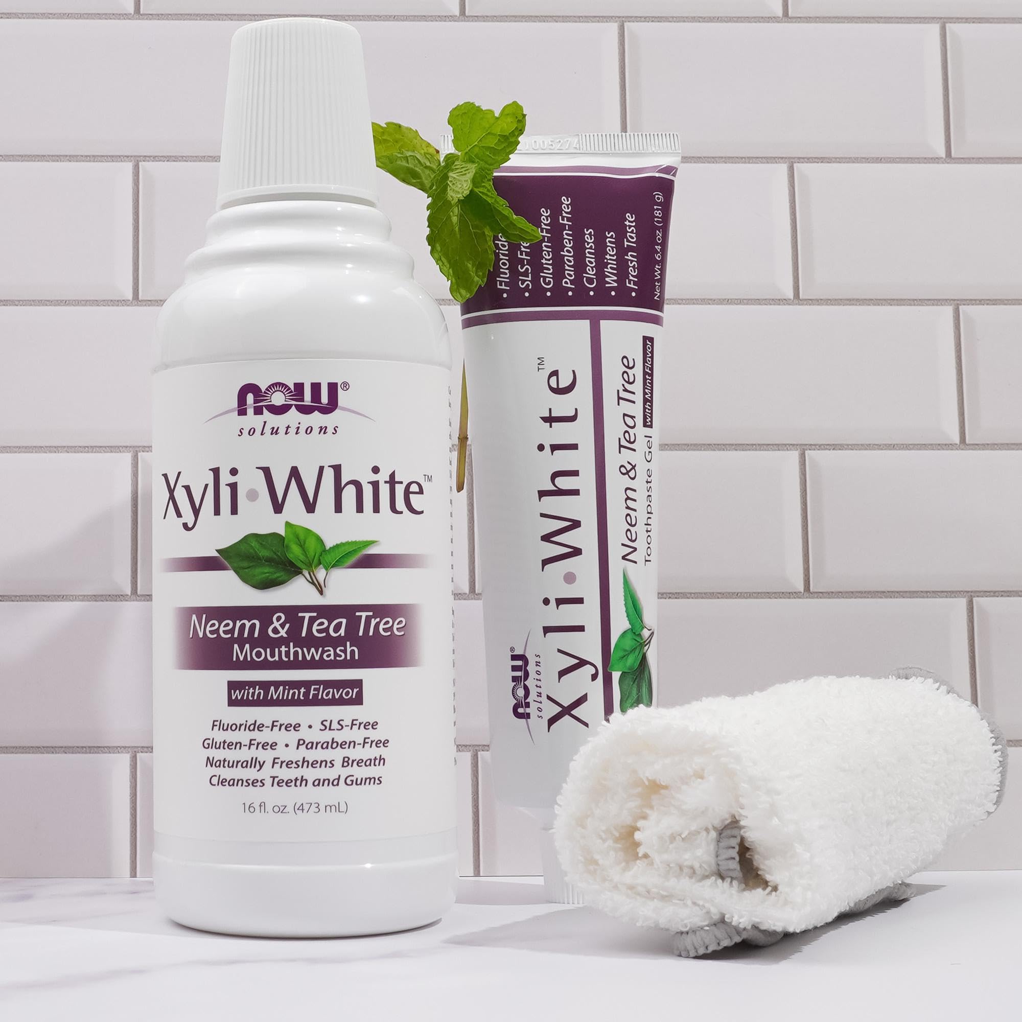 NOW Foods XyliWhite Mouthwash neem-tea-tree close-up highlights natural flavor and care