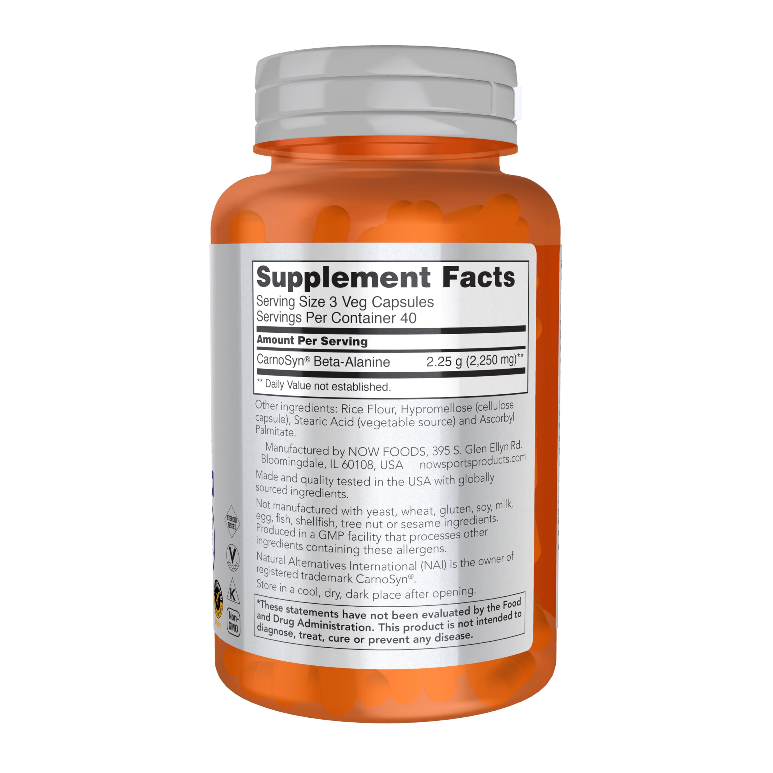 NOW Sports Beta-Alanine capsules close-up highlighting vegan formula for intense training sessions.