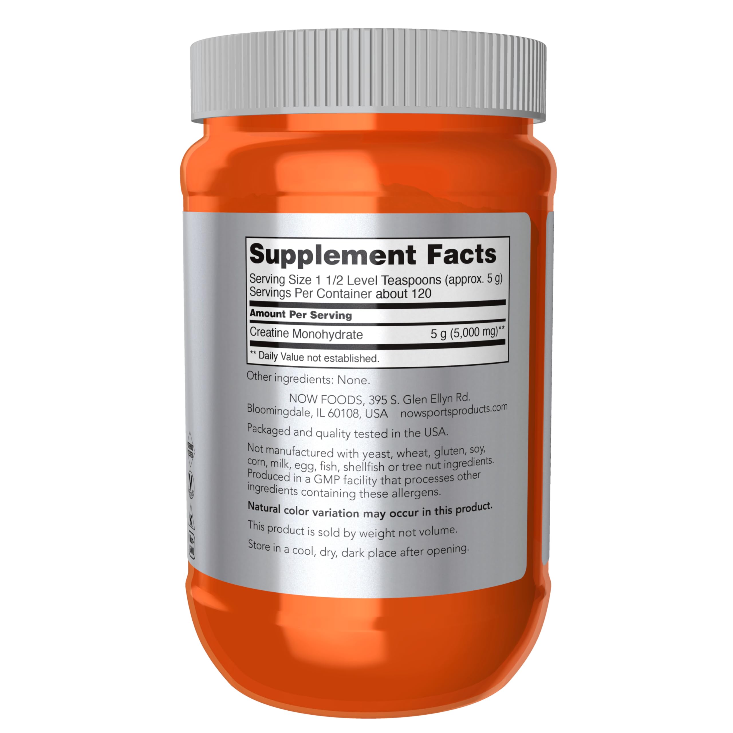 NOW Sports Creatine Monohydrate powder label close-up highlights purity and brand trust.