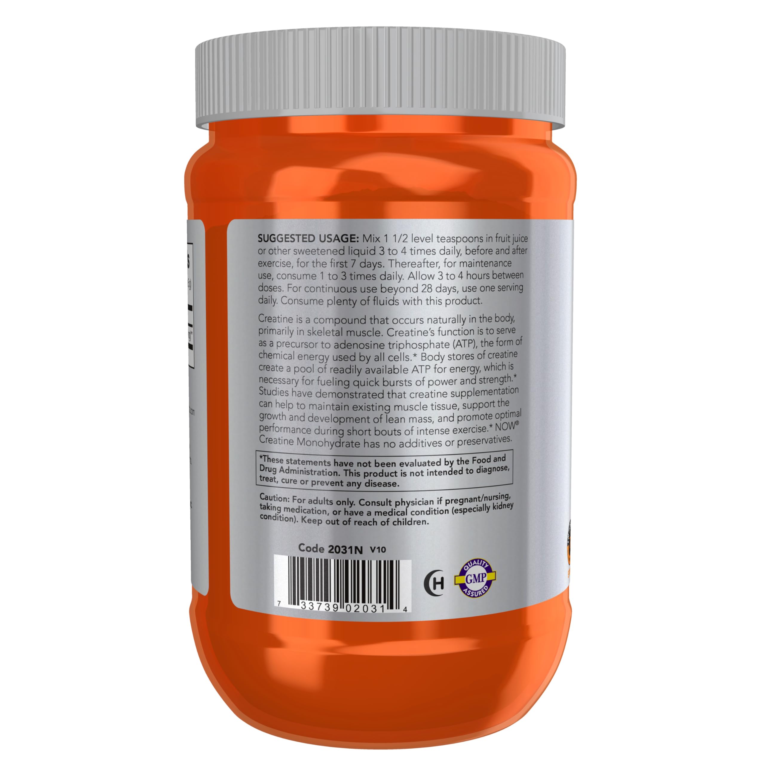 NOW Sports Creatine Monohydrate powder measuring spoon ready for daily use.