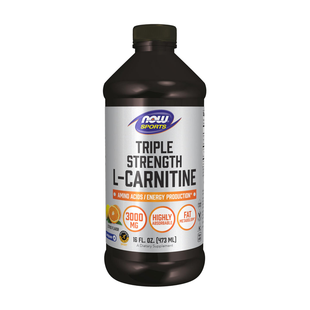 NOW Foods L-Carnitine Liquid triple strength bottle highlights 3,000 mg potency for daily use