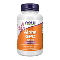 NOW Foods Alpha GPC 300 mg bottle label highlights quality and potency for daily focus