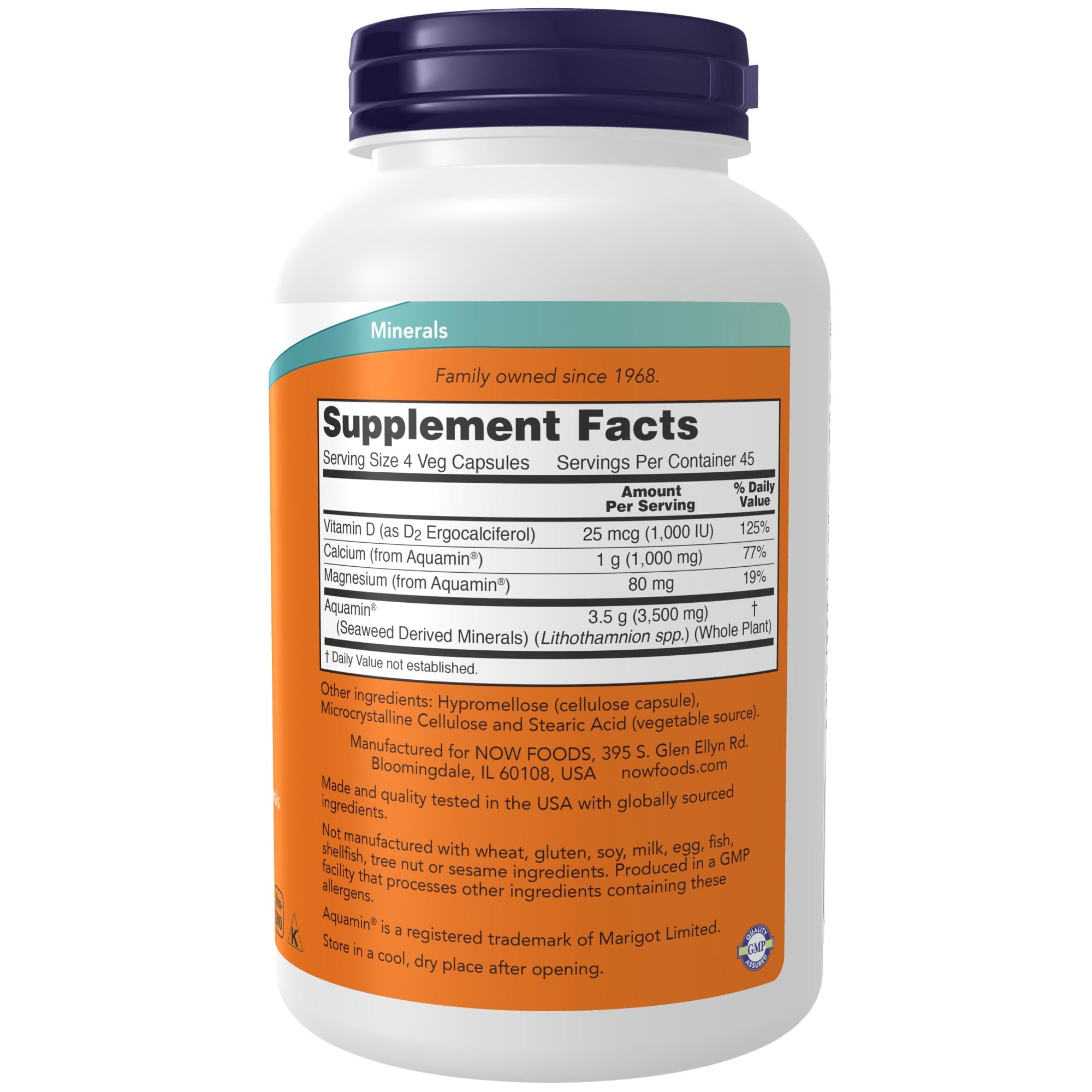 NOW Foods Aquamin calcium source label emphasizes essential minerals for bones.