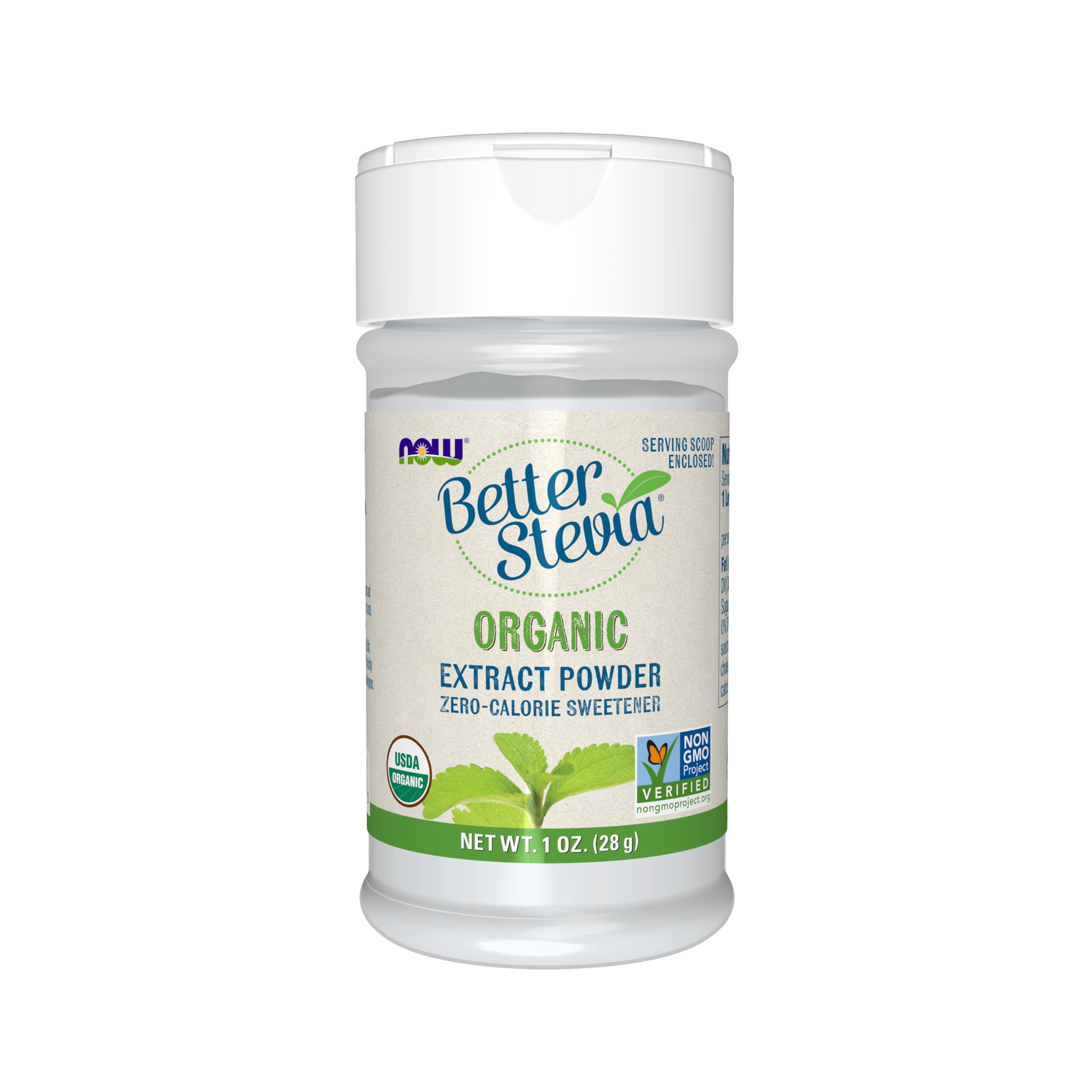 NOW Foods Better Stevia bottle for zero-calorie sweetness in beverages.