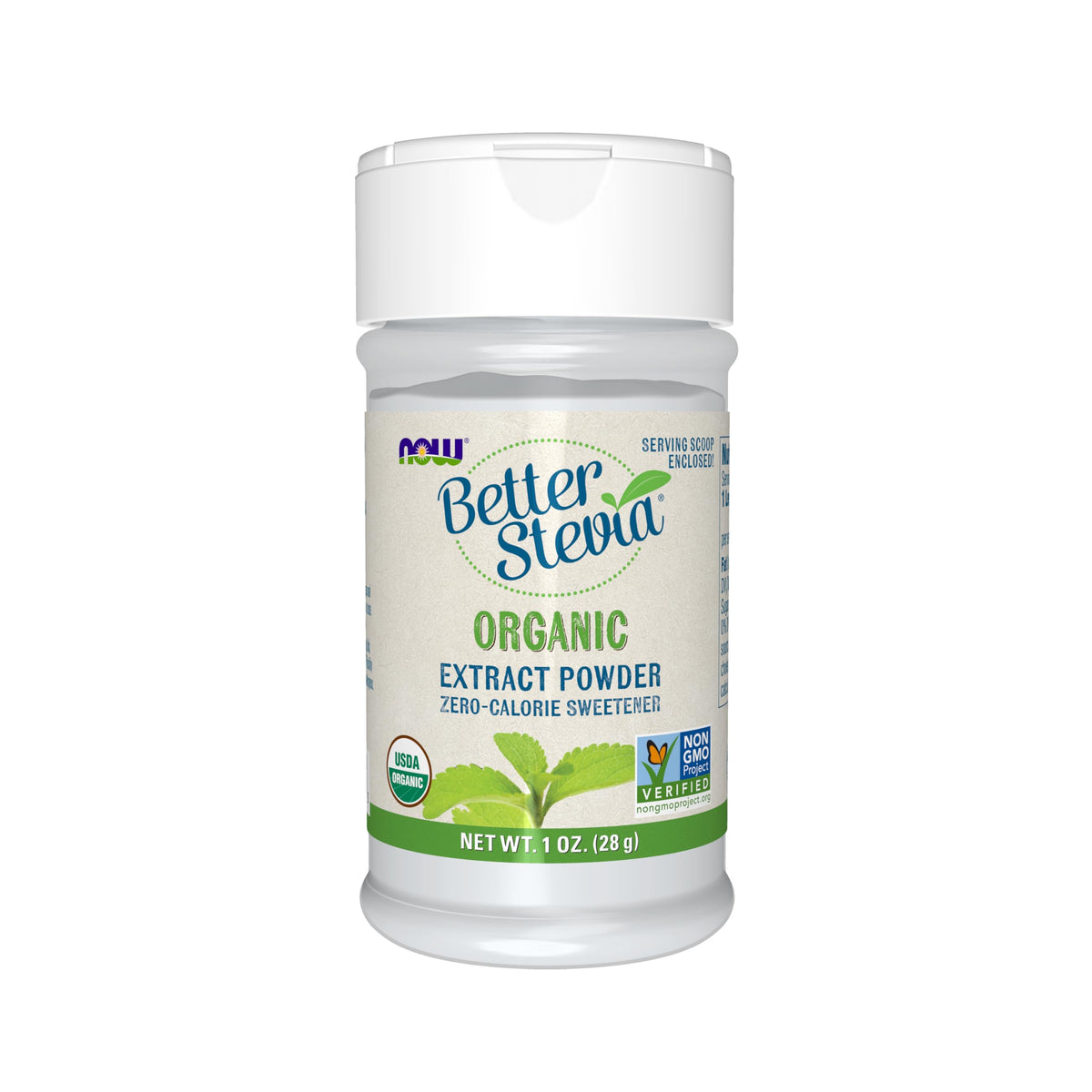 NOW Foods Better Stevia bottle for zero-calorie sweetness in beverages.