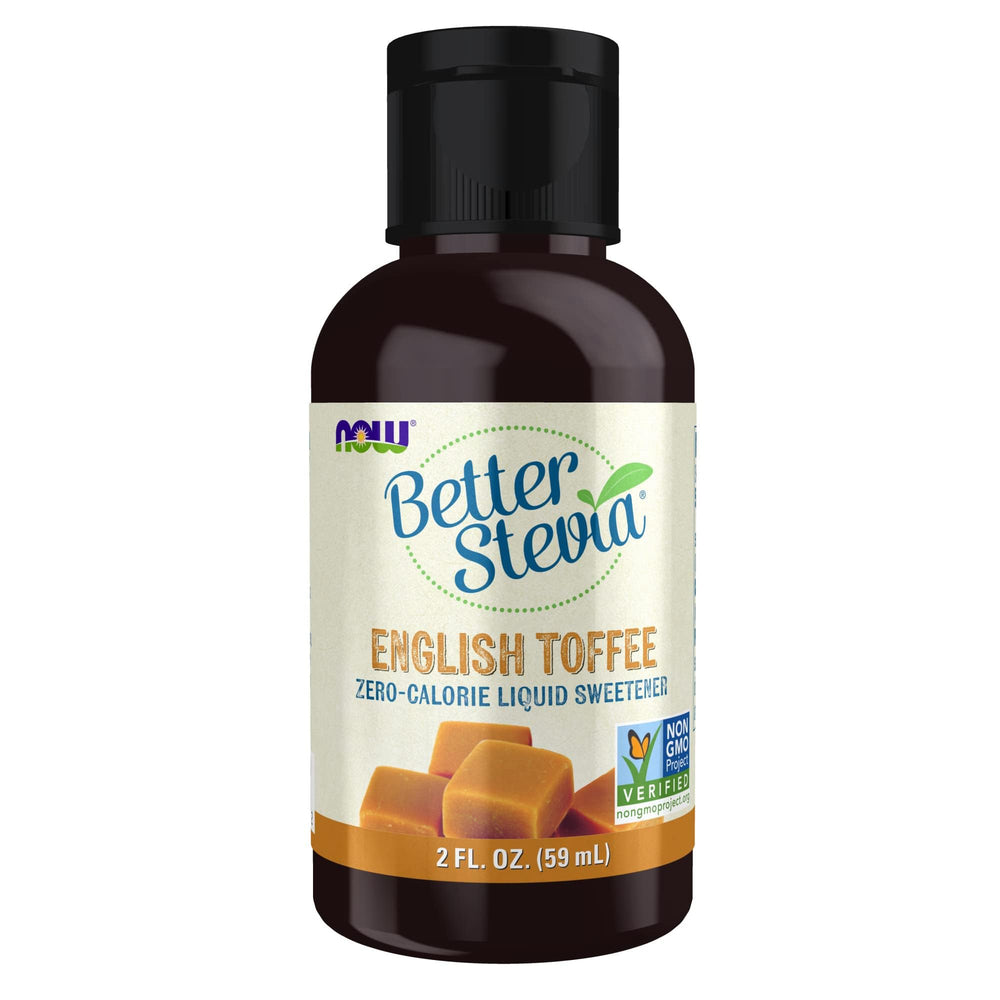 NOW Foods BetterStevia English Toffee bottle with flip-top cap for mess-free measuring.