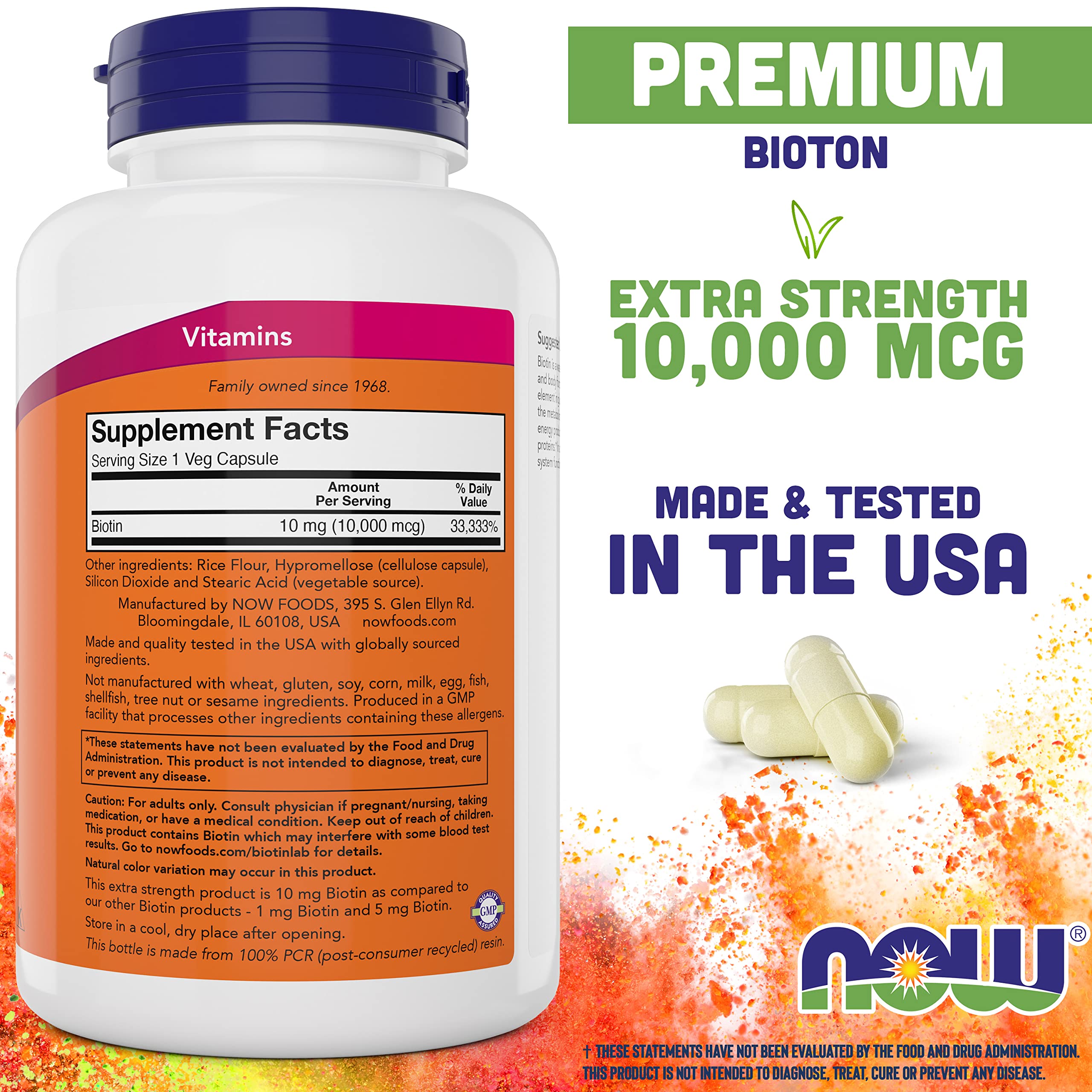 NOW Foods Biotin 10,000 mcg capsules ready for daily use supporting energy and vitality.