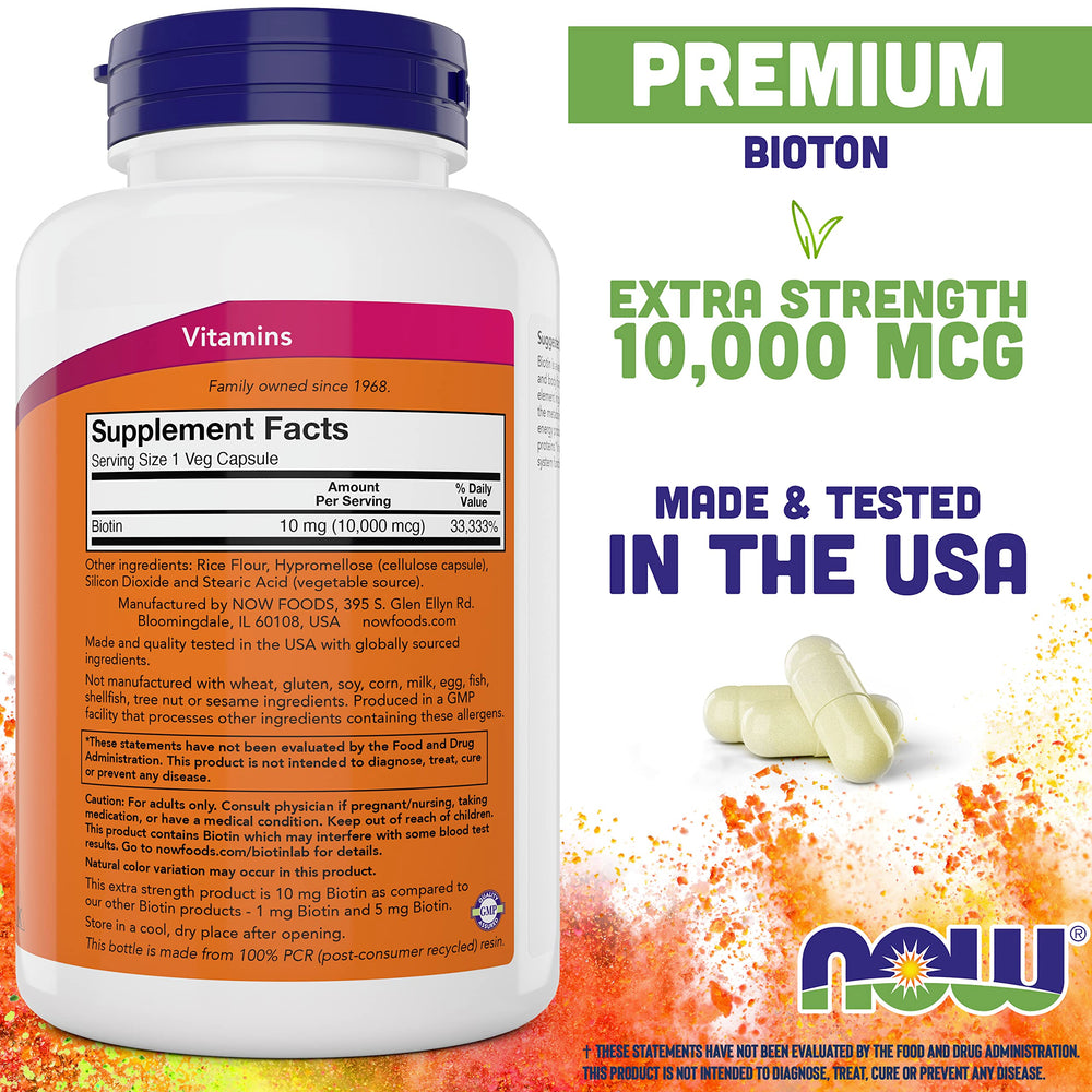 NOW Foods Biotin 10,000 mcg capsules ready for daily use supporting energy and vitality.