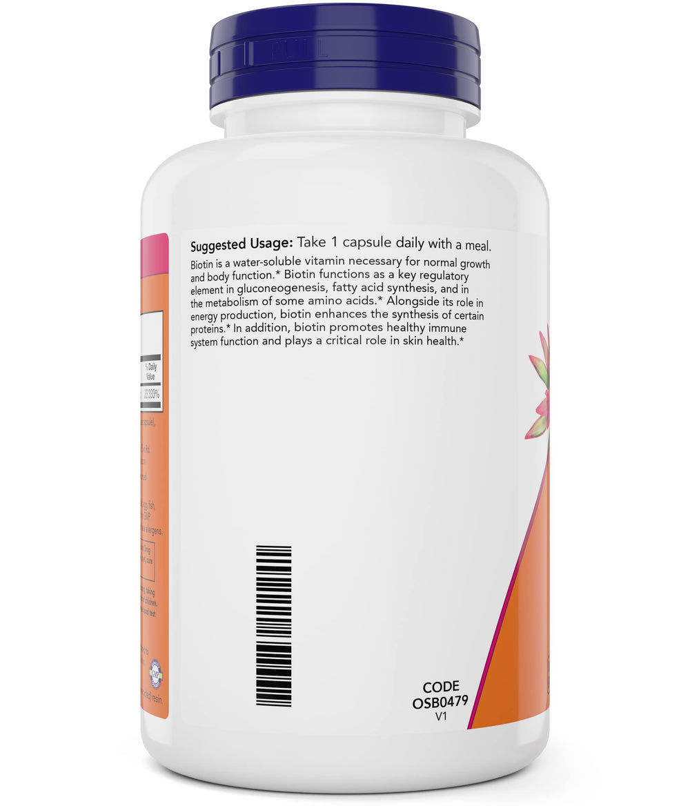NOW Foods Biotin 10,000 mcg label emphasizes vegan, non-GMO quality.