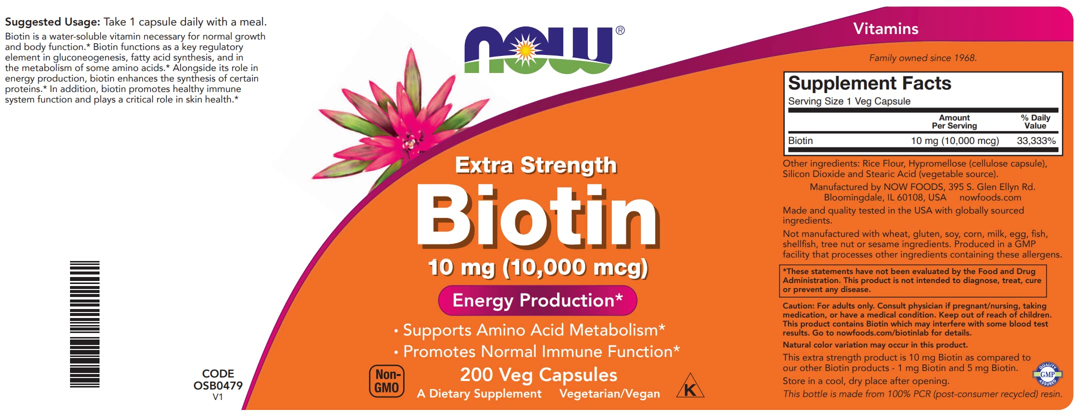 NOW Foods Biotin 10,000 mcg vegan capsules shown for everyday health.