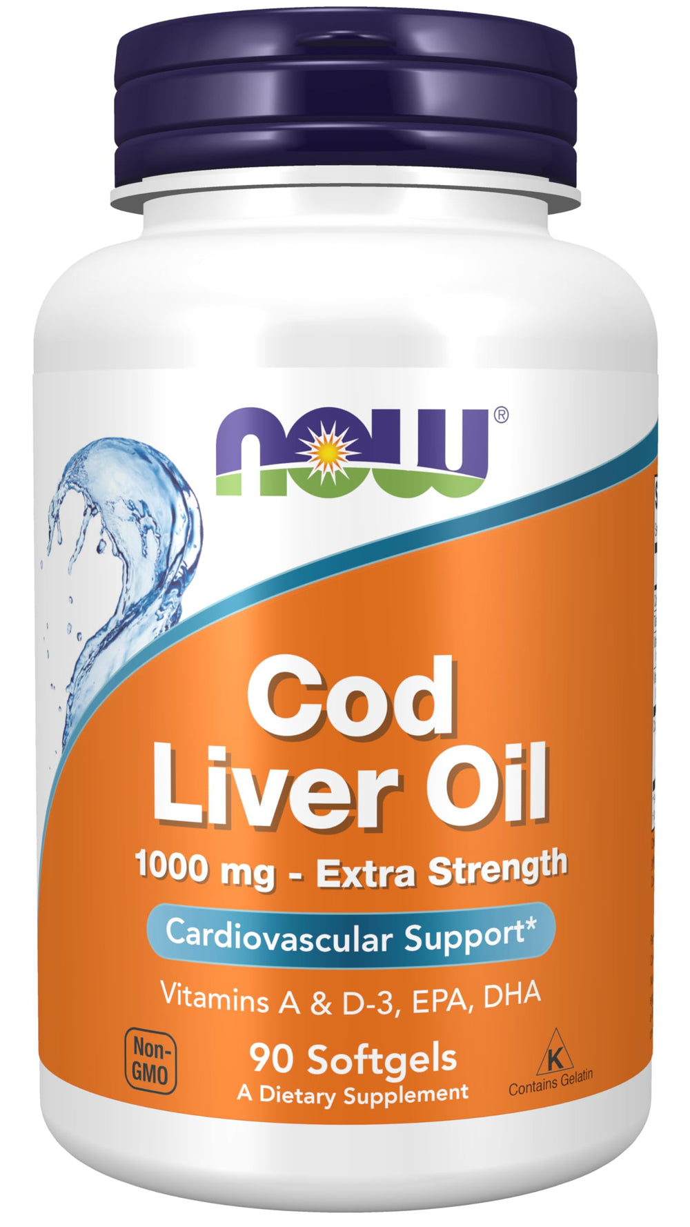 NOW Foods Cod Liver Oil extra-strength bottle may support heart health with omega-3 EPA and DHA.