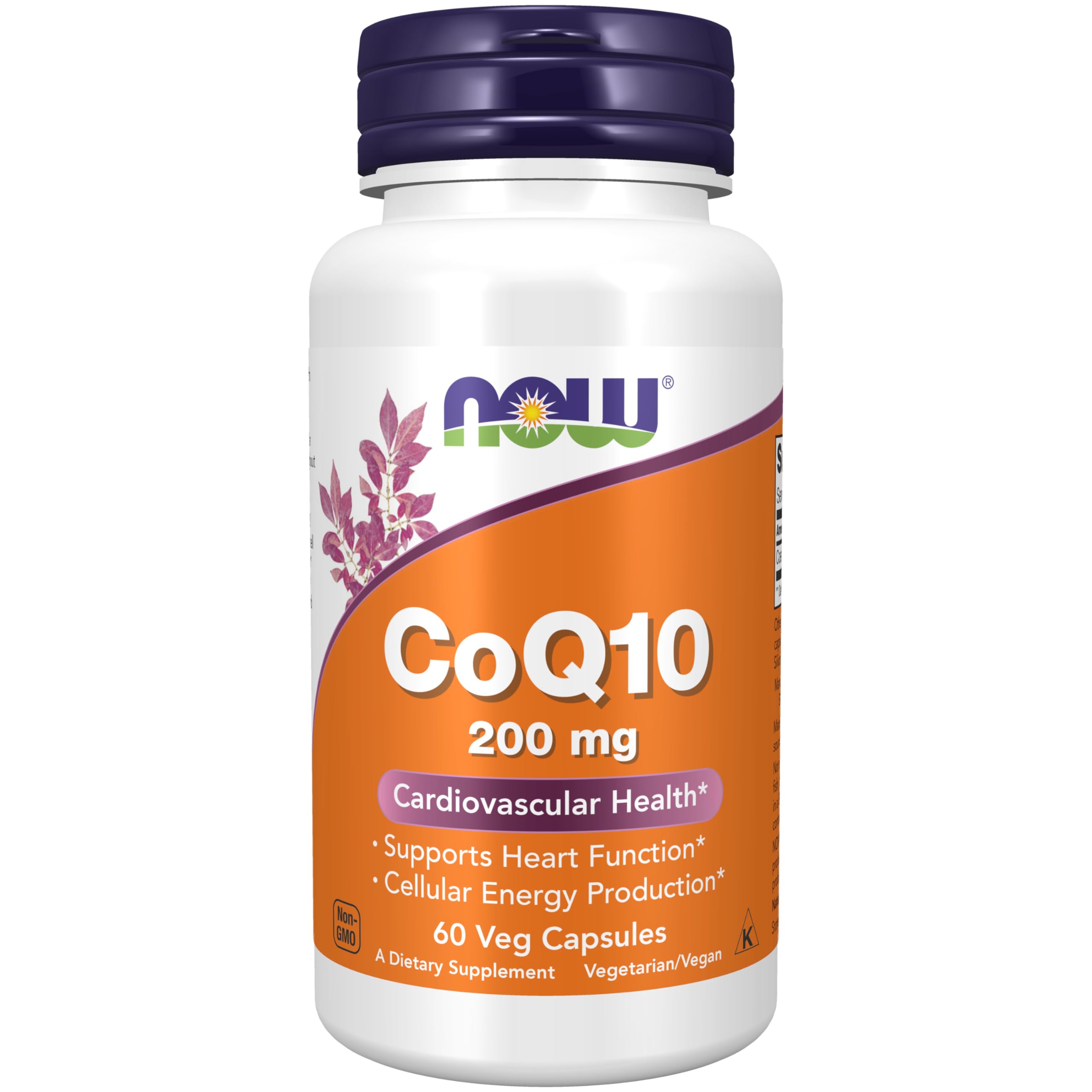 NOW Foods CoQ10 bottle front with 60 vegan capsules for heart support.