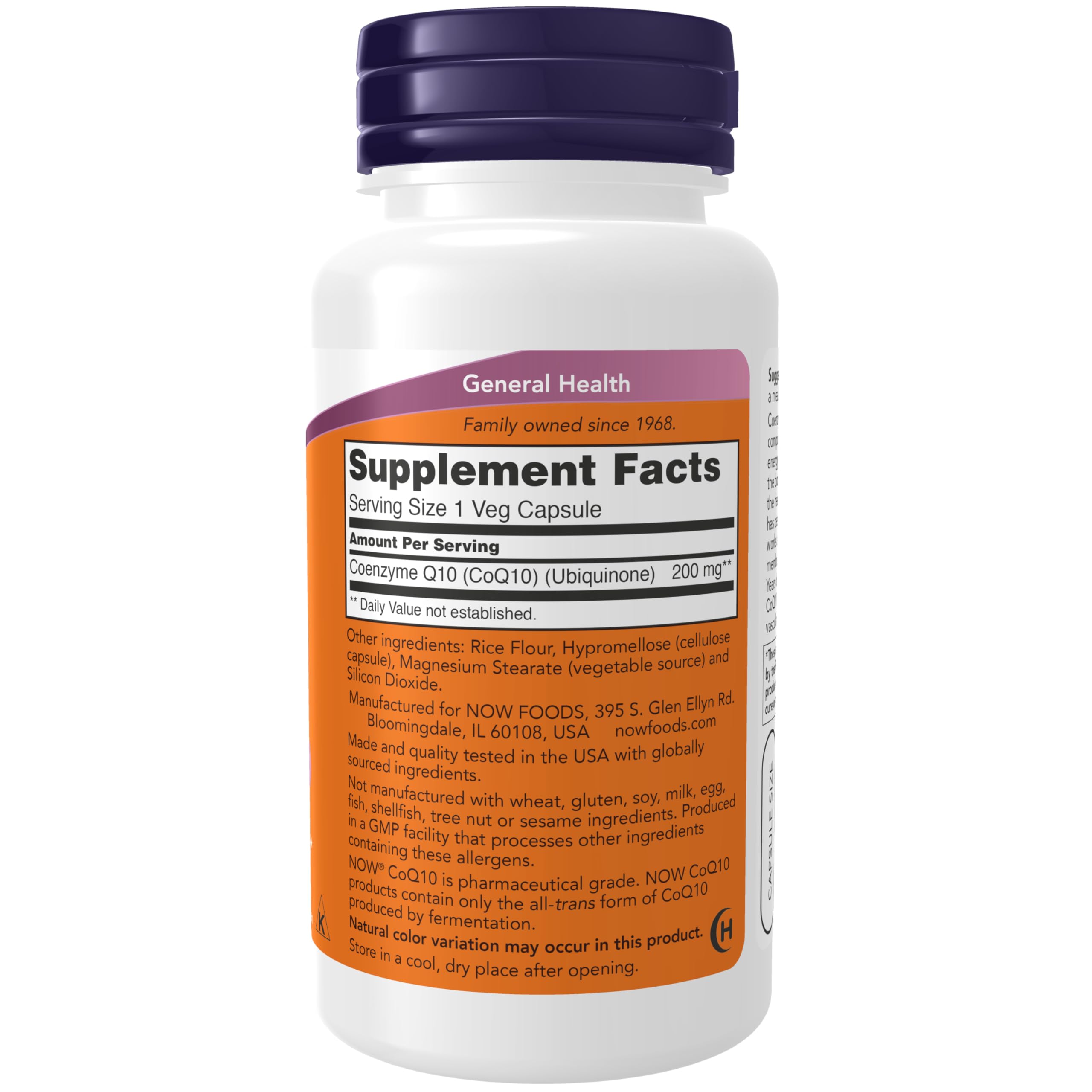 NOW Foods CoQ10 bottle label highlights fermentation-derived all-trans CoQ10.