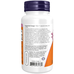 NOW Foods CoQ10 capsules closeup showing vegan capsules for daily energy support.