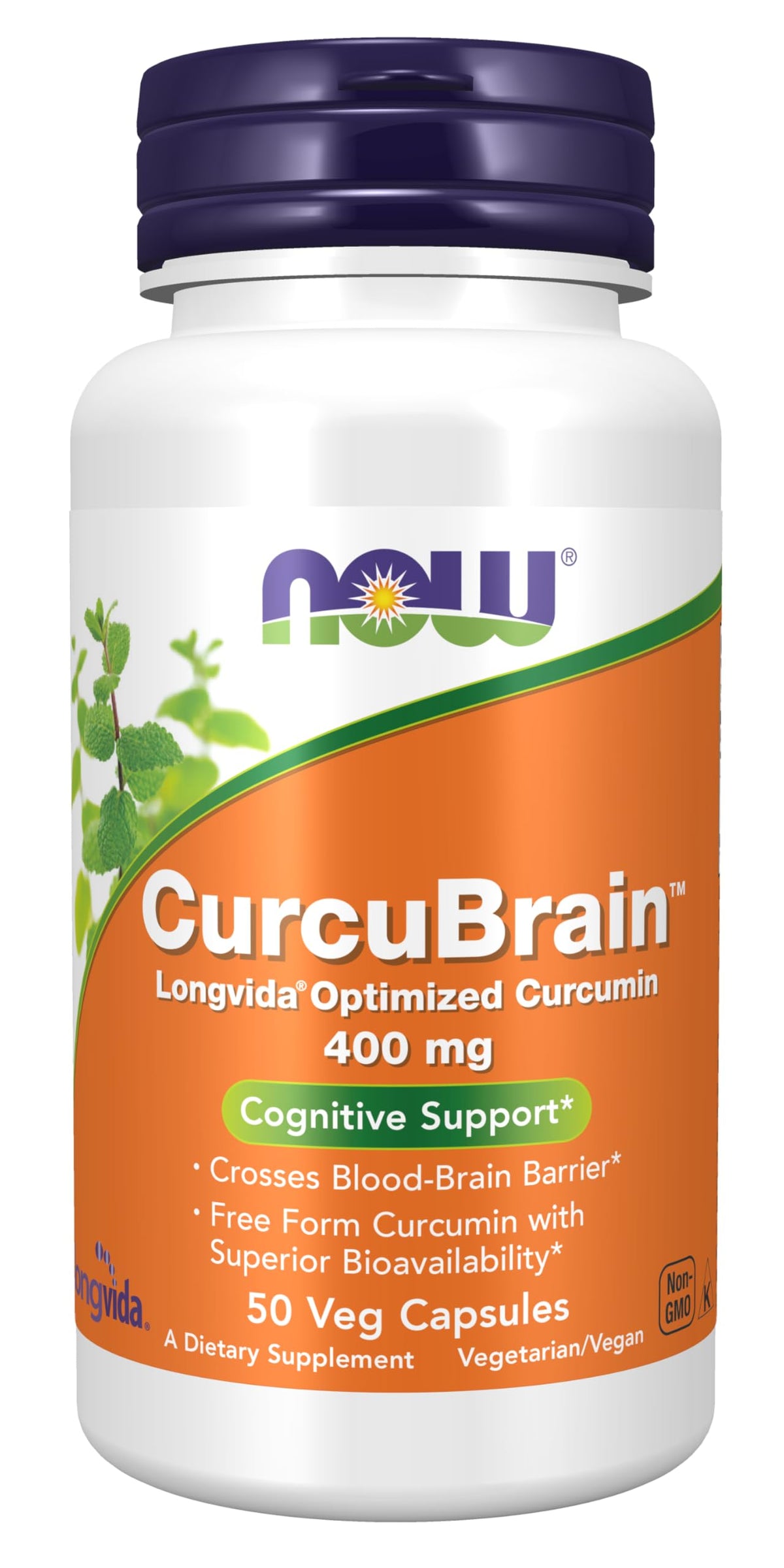 NOW Foods CurcuBrain bottle front showing Longvida Curcumin, potential cognitive support aid.