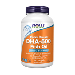 NOW Foods DHA-500 softgel bottle with enteric coating for easier tolerance