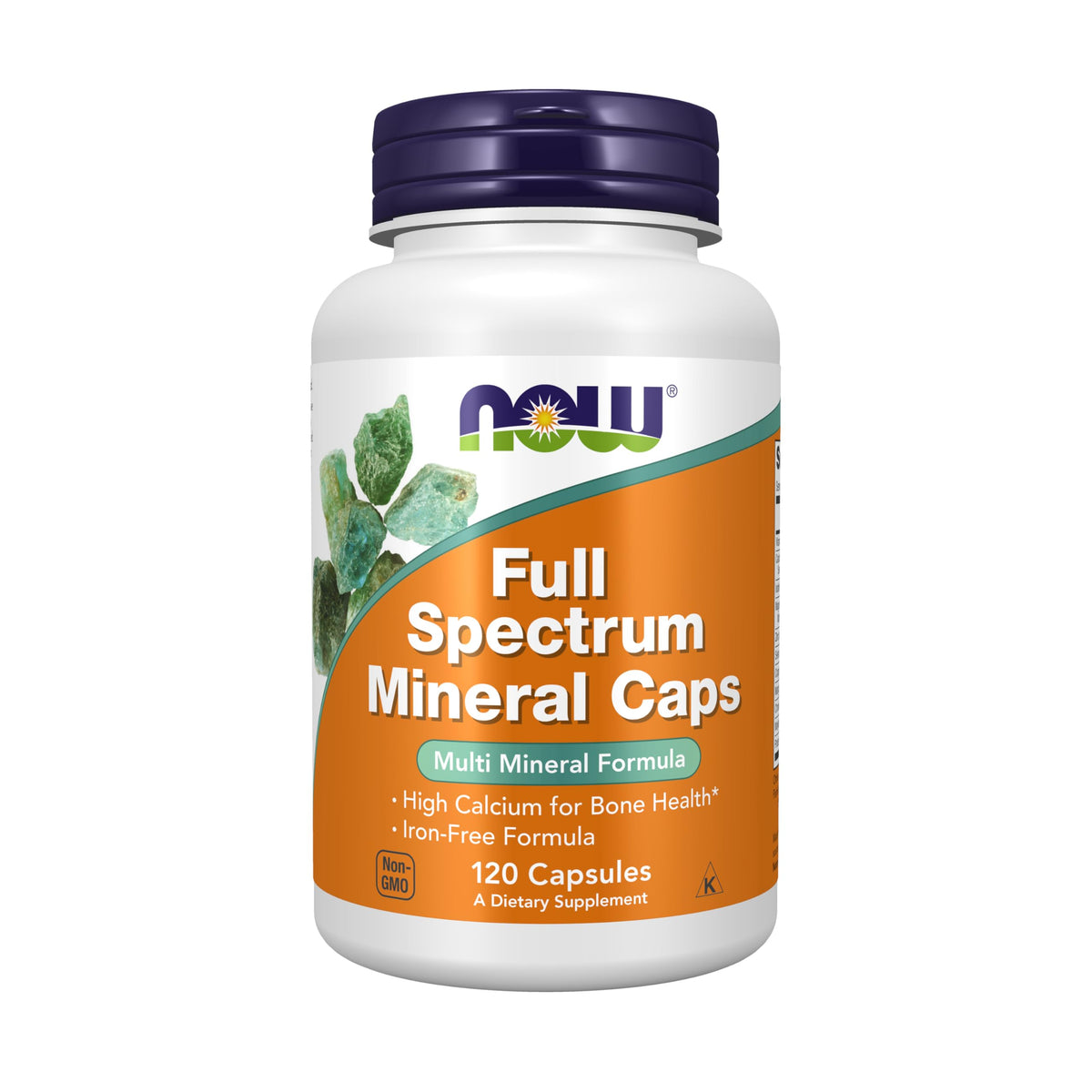 NOW Foods Full Spectrum Mineral Caps bottle on shelf highlights calcium for bone health
