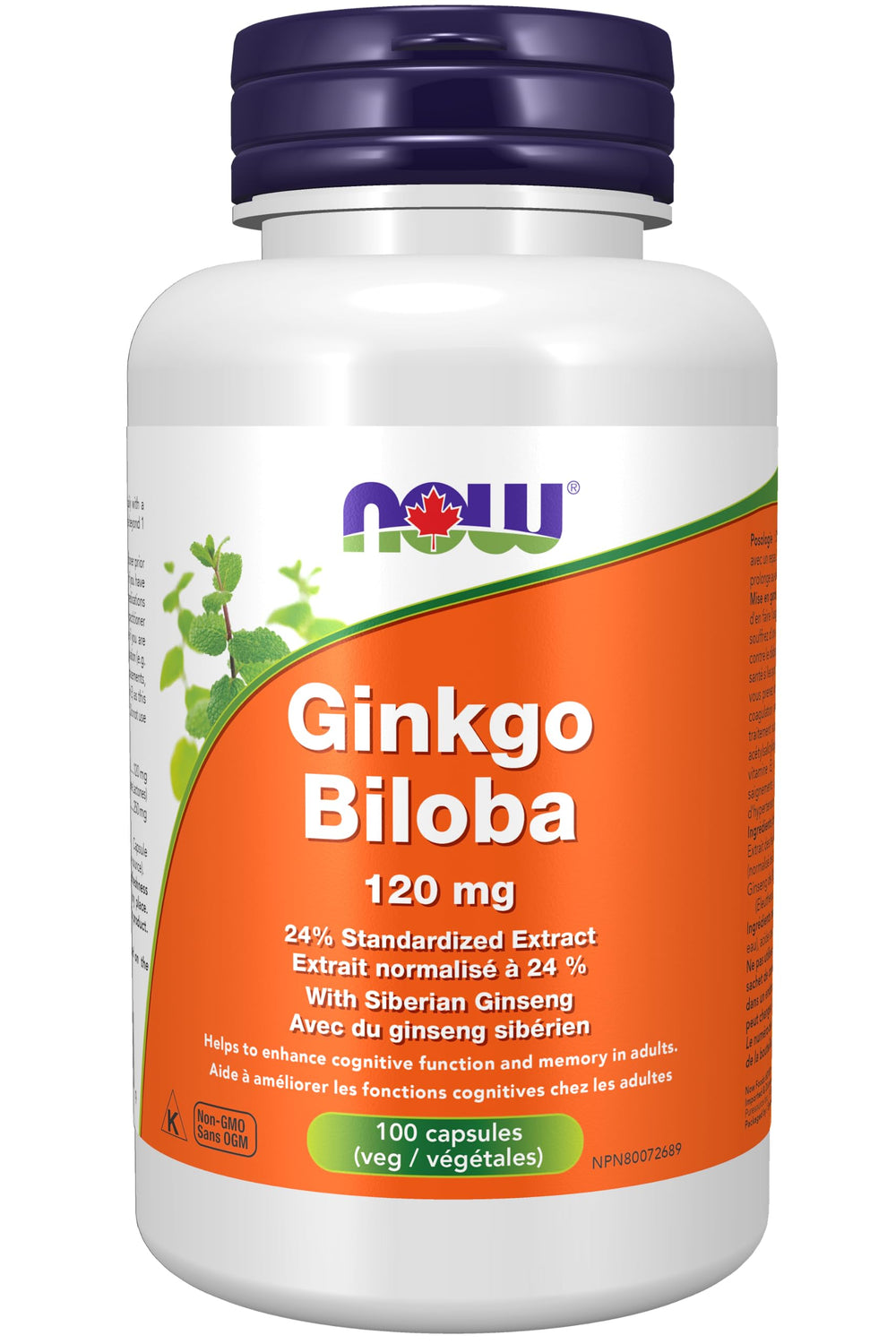 NOW Foods Ginkgo Biloba 120 mg capsule front view, double strength for daily use