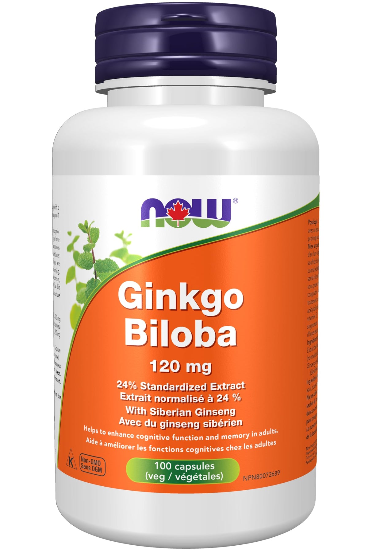 NOW Foods Ginkgo Biloba 120 mg capsule front view, double strength for daily use