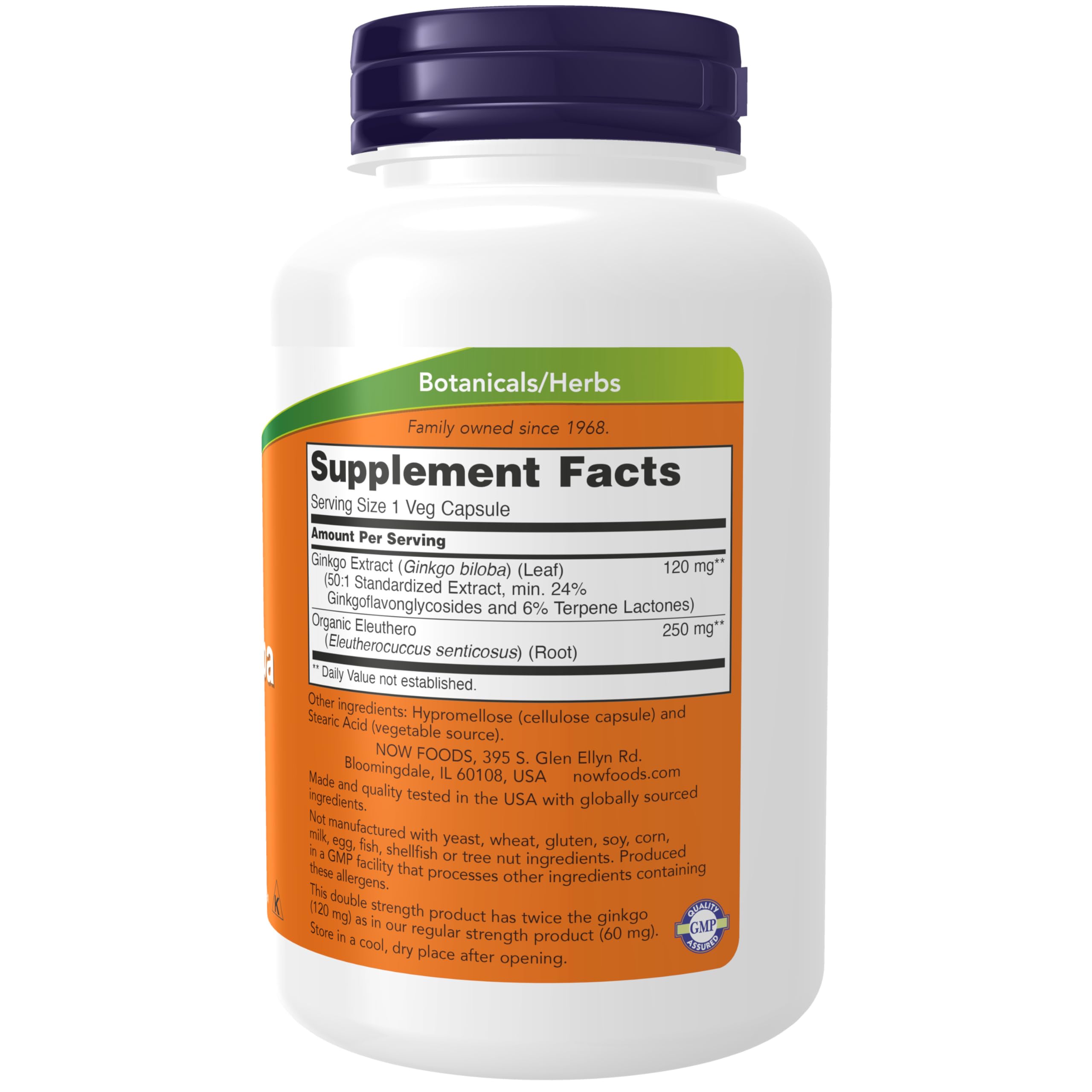 NOW Foods Ginkgo Biloba label close-up, Non-GMO Project Verified