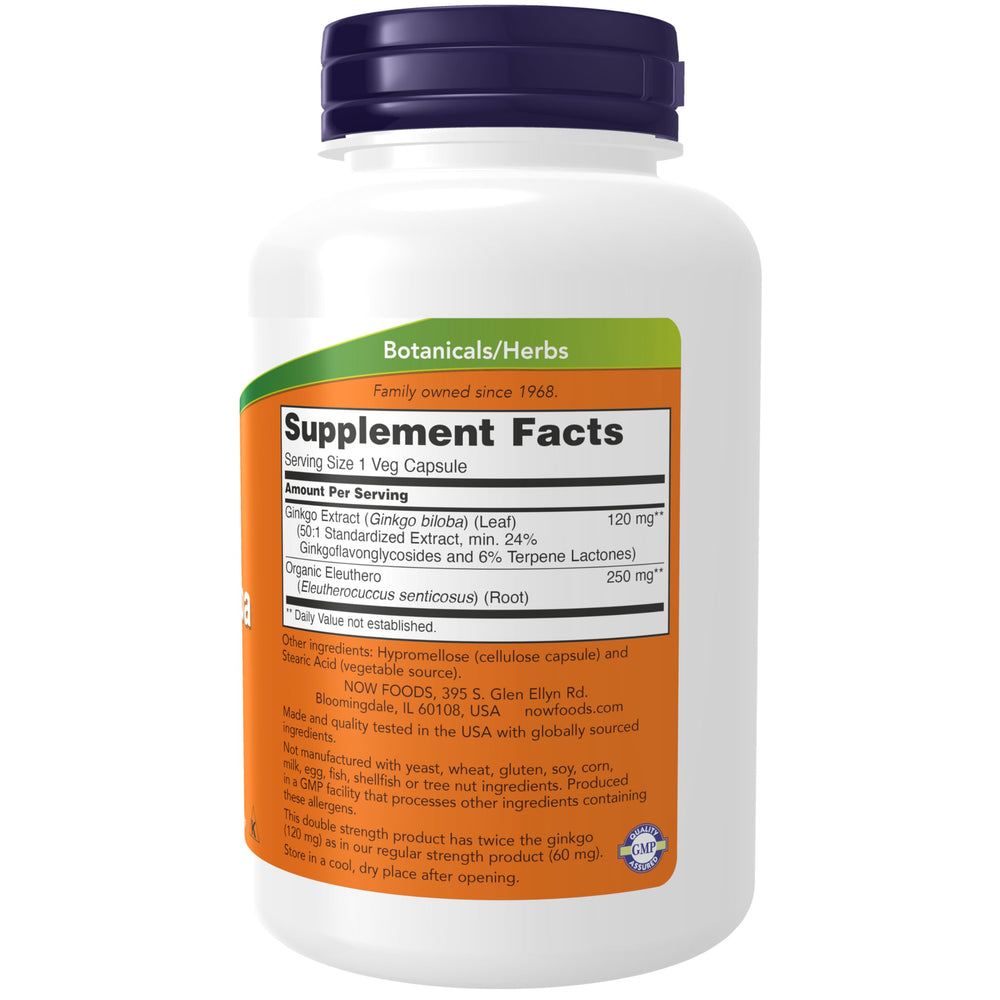 NOW Foods Ginkgo Biloba label close-up, Non-GMO Project Verified