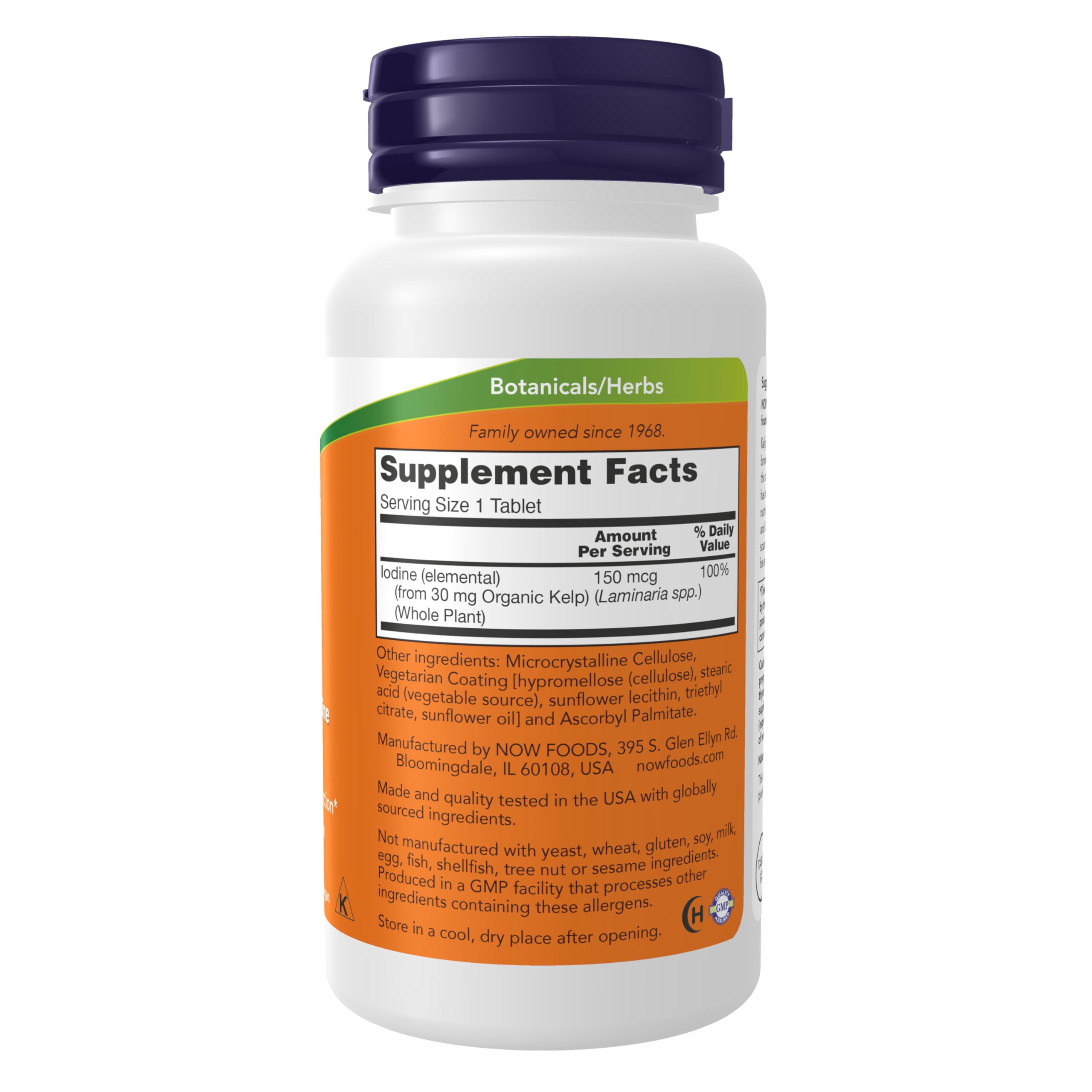 NOW Foods Kelp bottle label highlighting natural iodine source supporting thyroid function