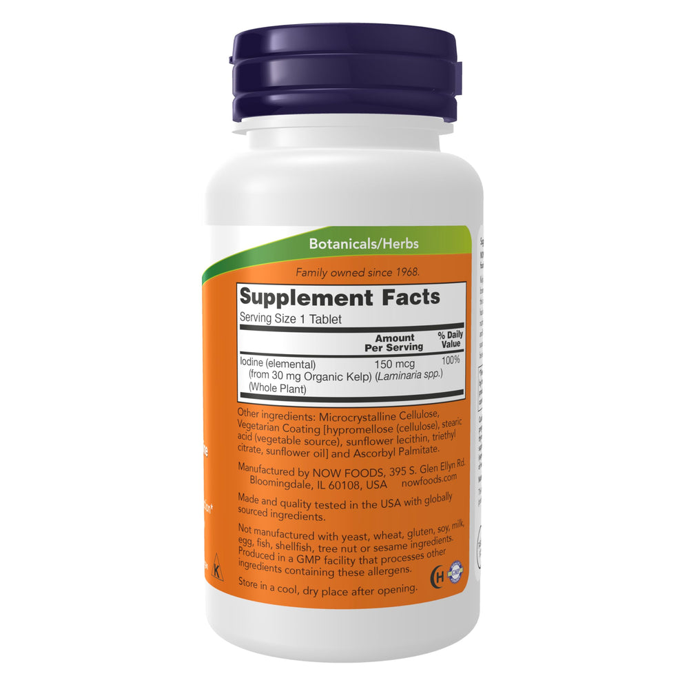 NOW Foods Kelp bottle label highlighting natural iodine source supporting thyroid function