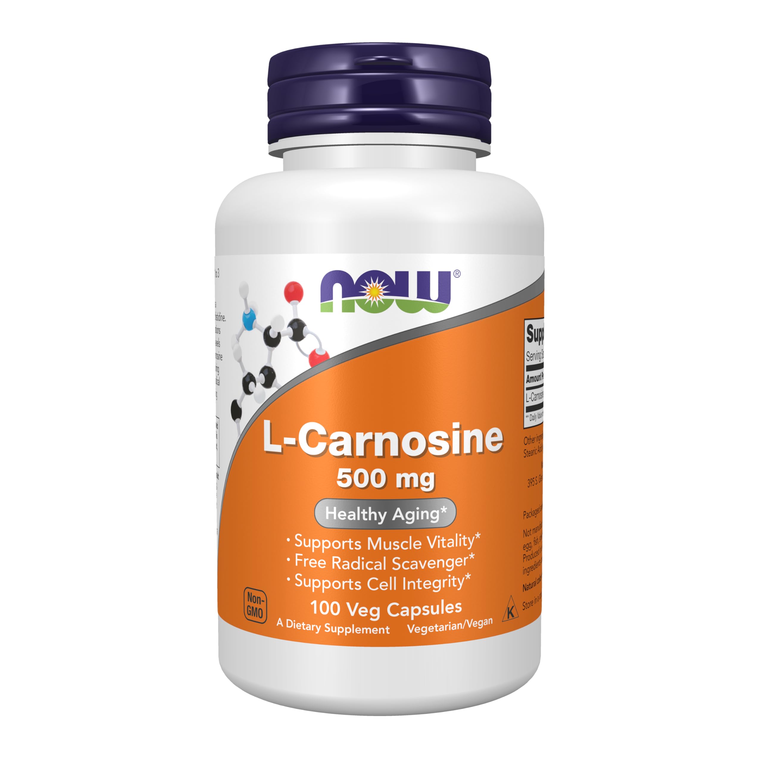 NOW Foods L-Carnosine bottle front, presenting healthy aging and vitality benefits.