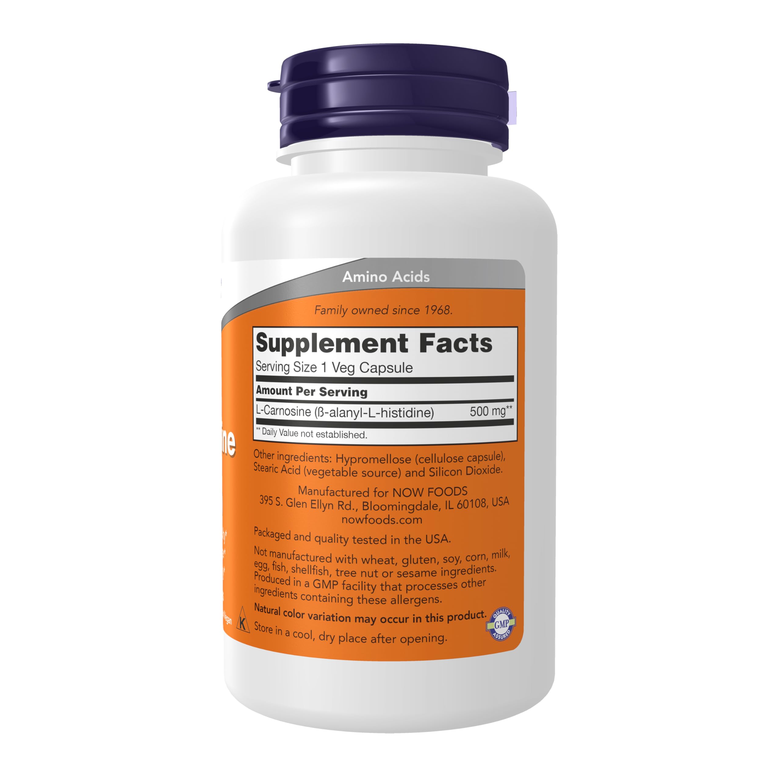 NOW Foods L-Carnosine vegan capsules closeup for daily support.